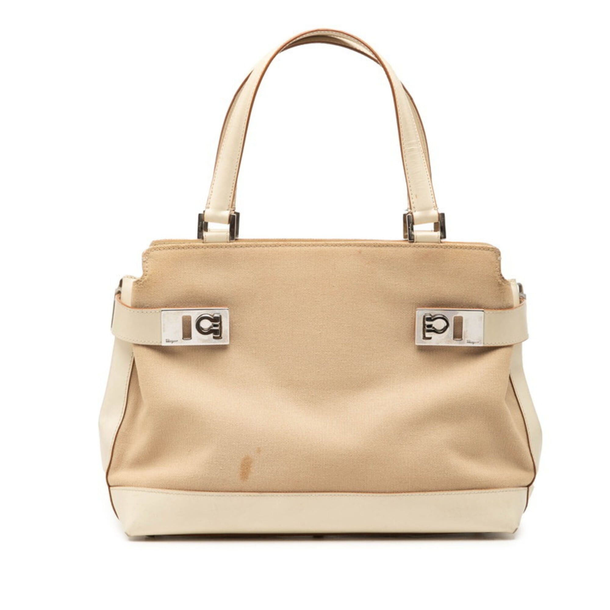 Salvatore Ferragamo Salvatore Ferragamo Gancini Handbag AQ-21 0198 Beige Cream Canvas Leather Women's Size ONE SIZE - 1 Thumbnail