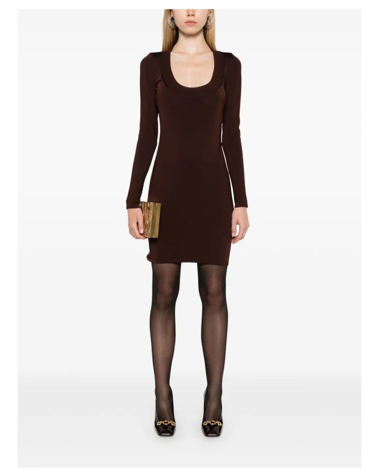 Saint Laurent Paris YSL Brown Square Neck Long-Sleeve Knit Dress Size M / US 6-8 / IT 42-44 - 1 Thumbnail