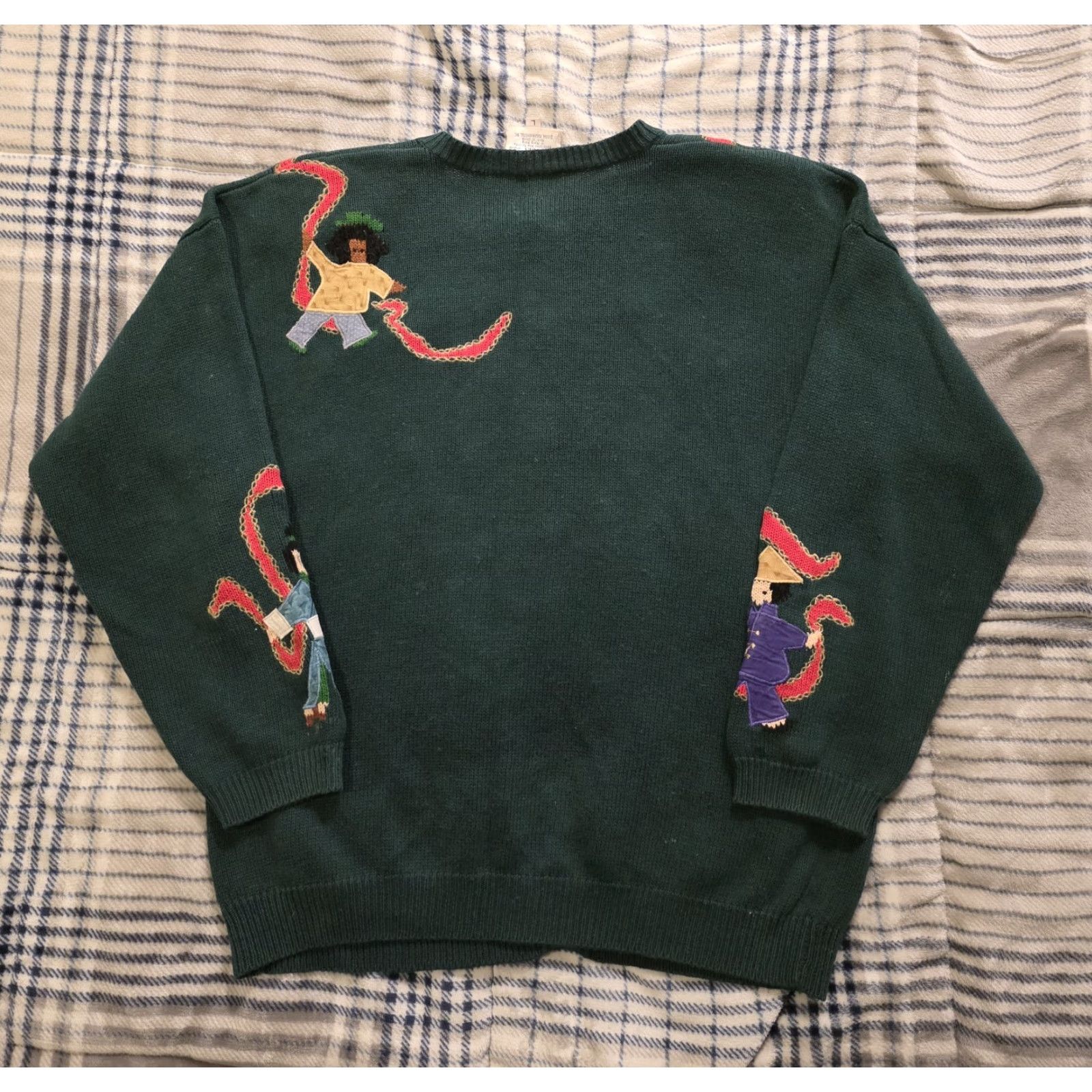 VINTAGE Susan Bristol Sweater Cardigan Women Large Green 90s Folk Art Geometric Embroidered Button Raglan Sleeve