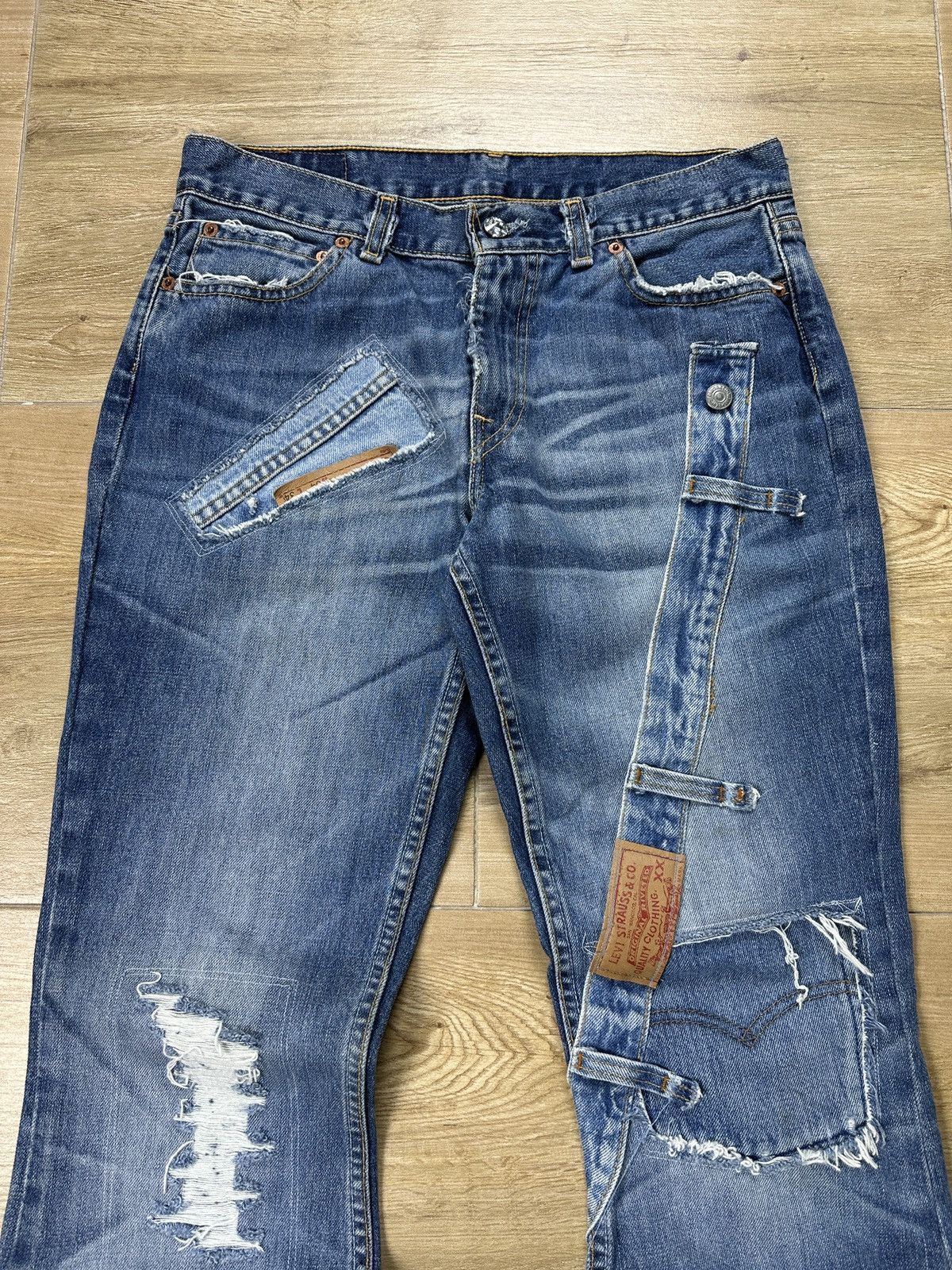 Levi's × Vintage Vintage Y2K Custom Levi’s Patchwork Flared Bootcut Jeans Size 30" / US 8 / IT 44 - 2 Thumbnail