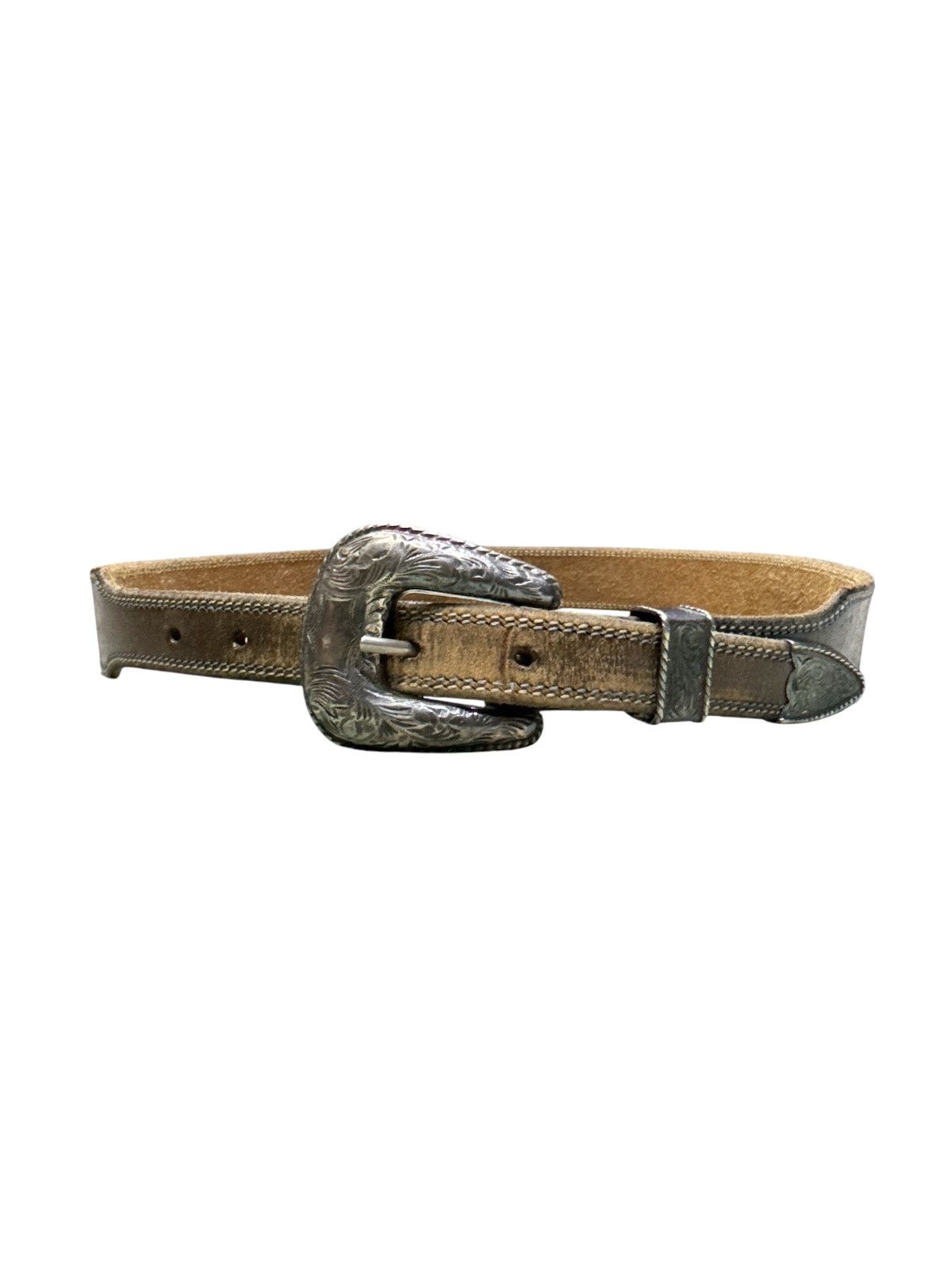 Leather VINTAGE SILVER BUCKLE LEATHER WESTERN BELT Size 32 - 1 Thumbnail