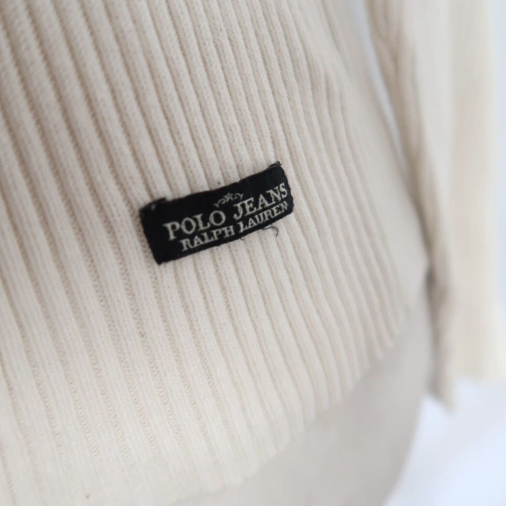 Ralph Lauren VINTAGE Polo Jeans Co. by Ralph Lauren Cotton Ribbed Knit Sweater Top M Women Long Sleeve Cream 90s Size M / US 6-8 / IT 42-44 - 7 Thumbnail
