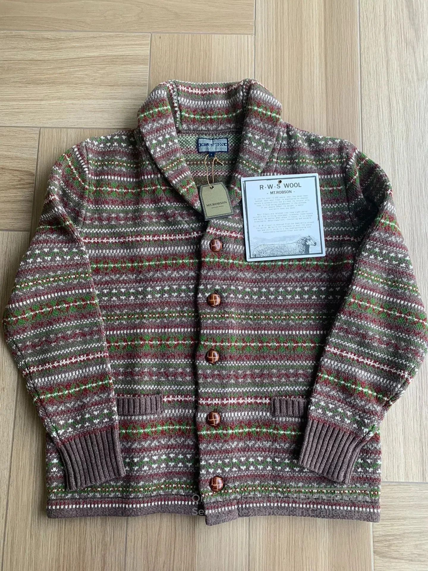 Japanese Brand brown patterned wool cardigan with shawl collar. Size US L / EU 52-54 / 3 - 1 Thumbnail