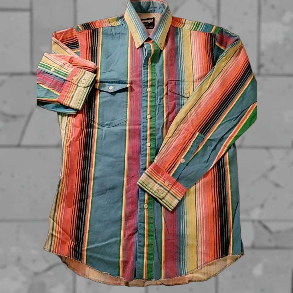 VINTAGE Wrangler Cowboy Cut Western Shirt Mens Size 16 Multicolor Striped Long Sleeve Cotton 90s