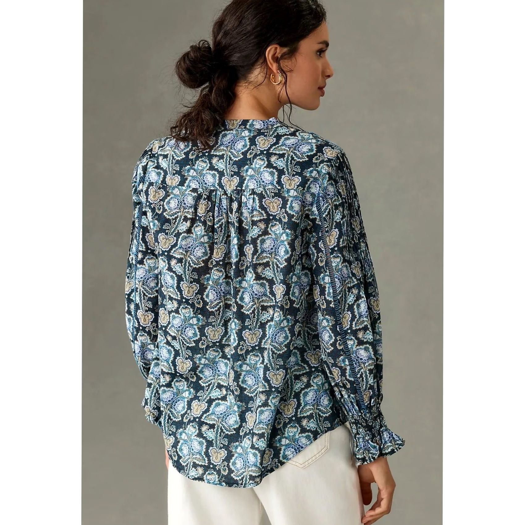 Anthropologie By Anthropologie Henley Peasant Blouse Blue Floral Popover 100% Cotton Womens S Size S / US 4 / IT 40 - 3 Thumbnail