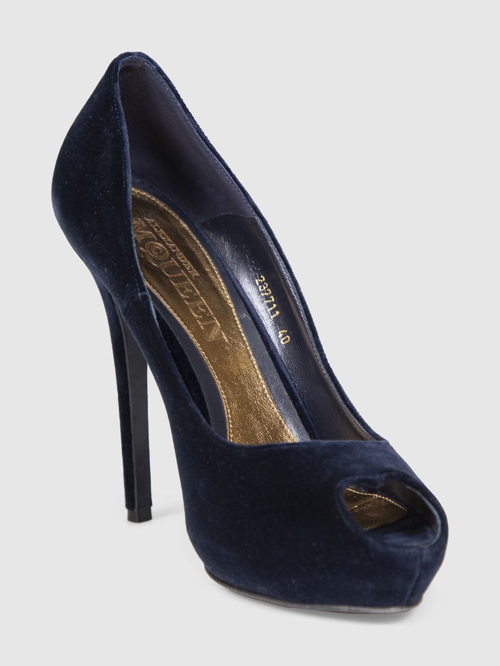 Alexander McQueen Navy Velvet Peep Toe Heels Size US 10 / IT 40 - 1 Thumbnail