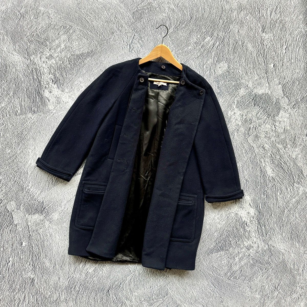 Sandro SANDRO Paris Navy Blue Wool Blend A-Line Collarless Coat Size M / US 6-8 / IT 42-44 - 6 Thumbnail