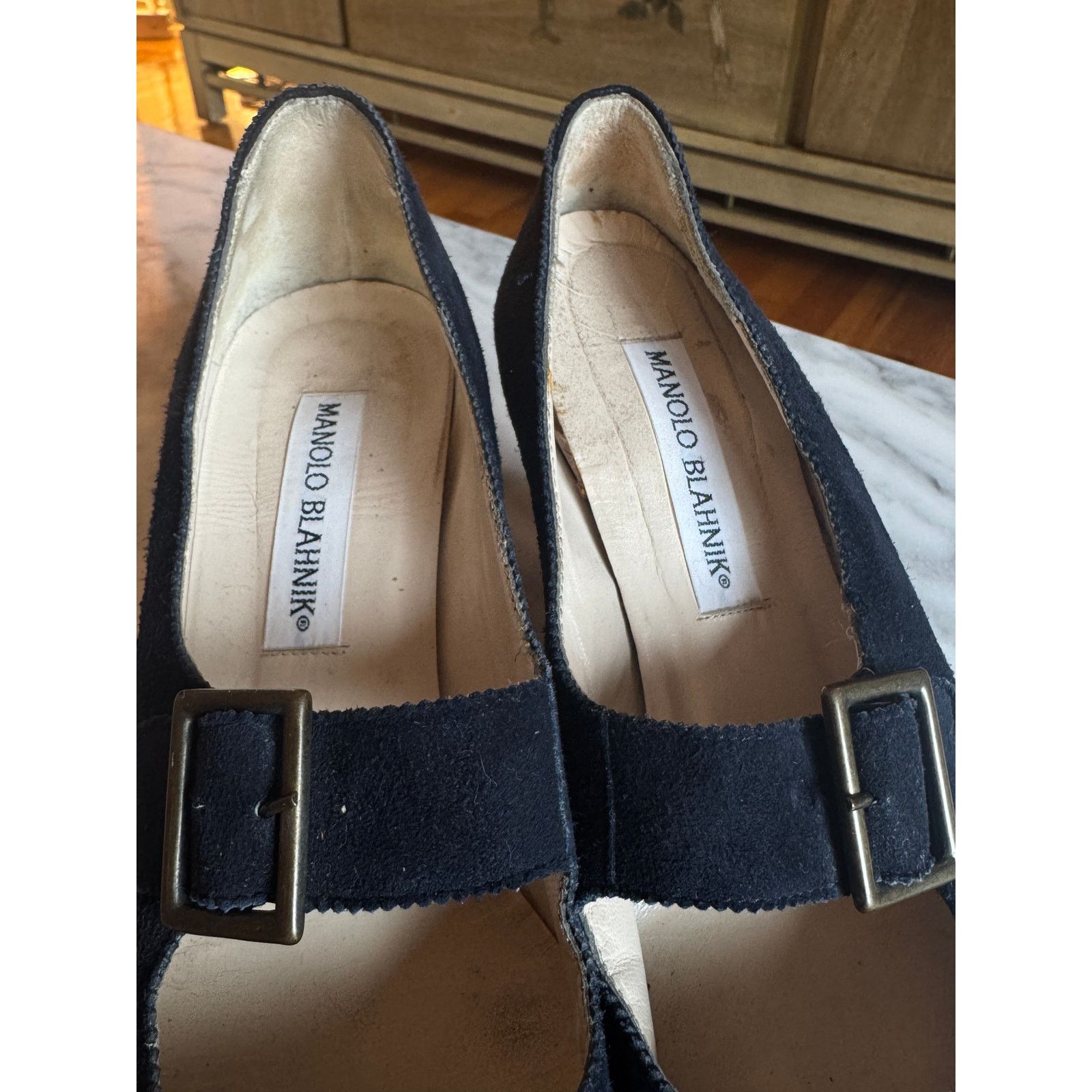 Manolo Blahnik Manolo Blanik Navy Blue Suede Heels with Buckle detail Size US 6 / IT 36 - 2 Thumbnail