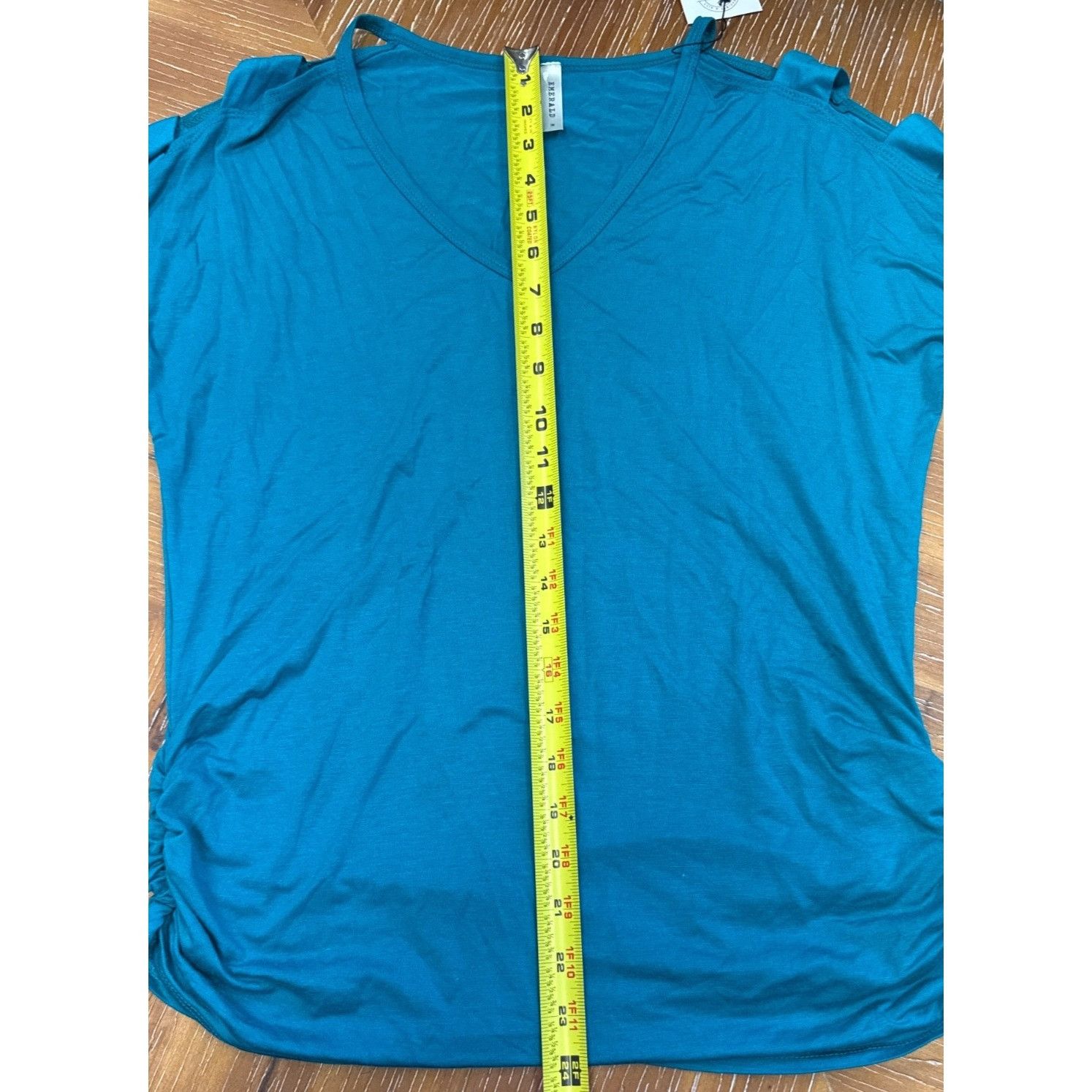 Other Womens Teal Cut-Out Short Sleeve V-Neck Top With Ruched Side Size M / US 6-8 / IT 42-44 - 2 Thumbnail