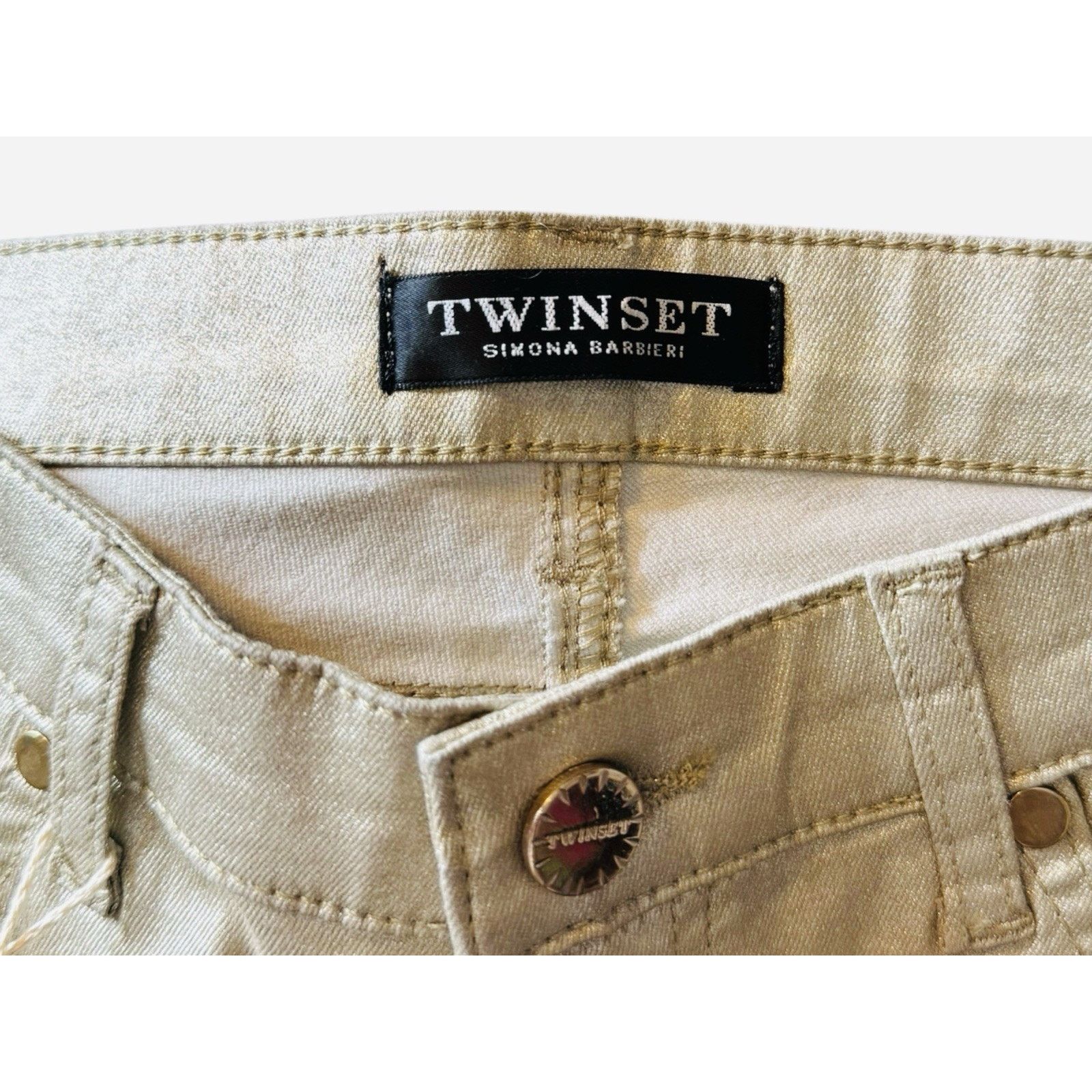 TWINSET Twinset NEW Gold Metallic Skinny Pants Size 27 Size 27" / US 4 / IT 40 - 7 Thumbnail