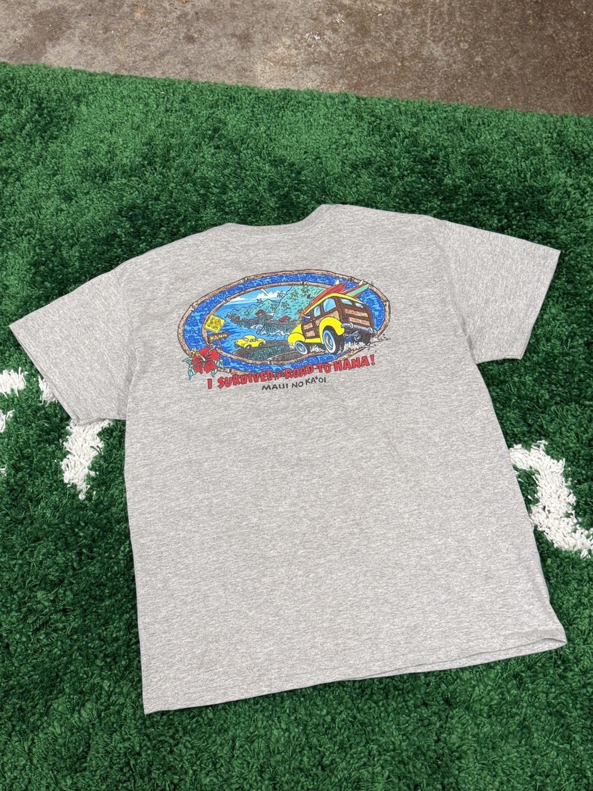 Vintage Grey Maui Hana Hawaii Cartoon Print Logo Tee