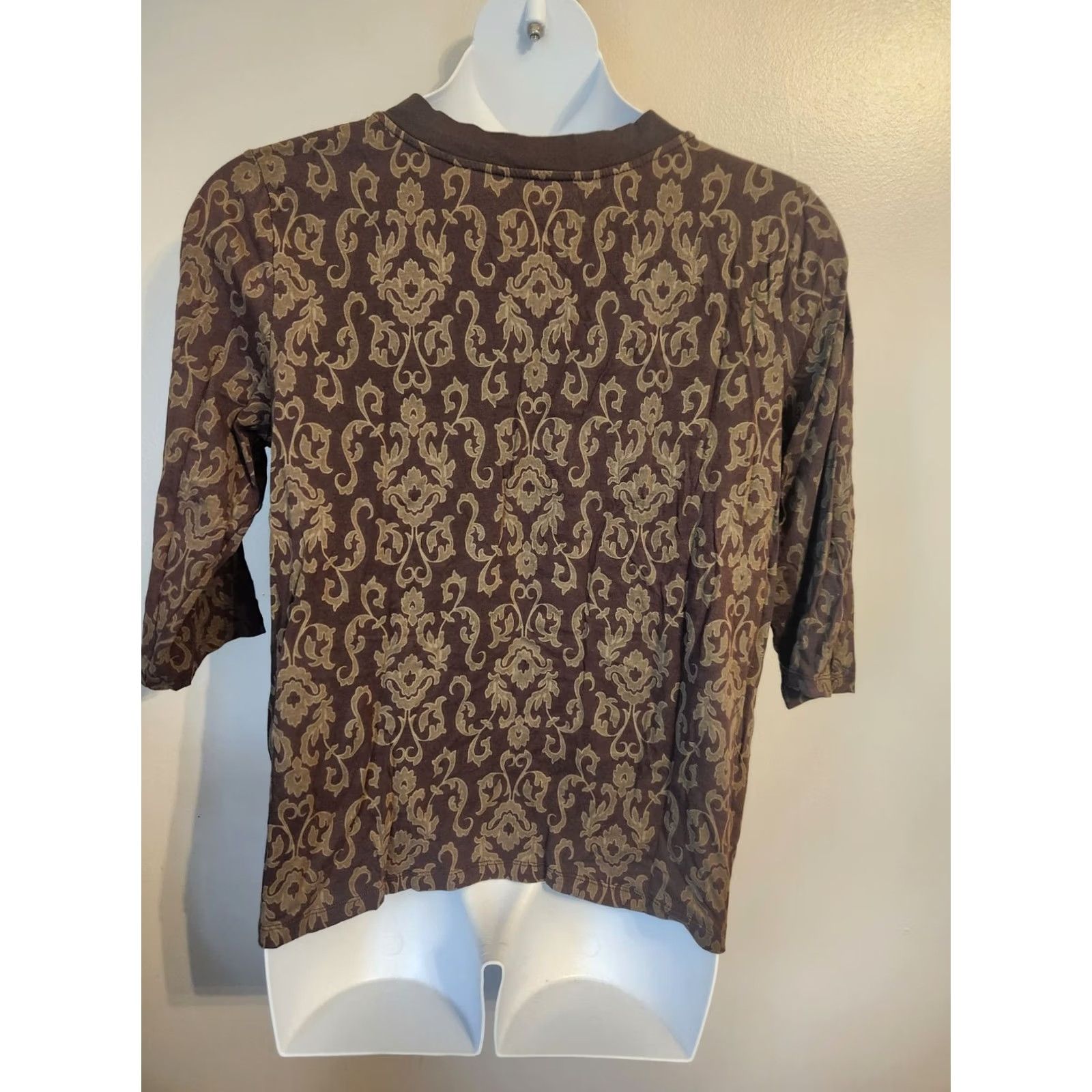 Vintage Sonoma Brown Damsk Print 3/4 Sleeve V Neck Top Shirt 1X Plus Women Size XL / US 12-14 / IT 48-50 - 5 Thumbnail