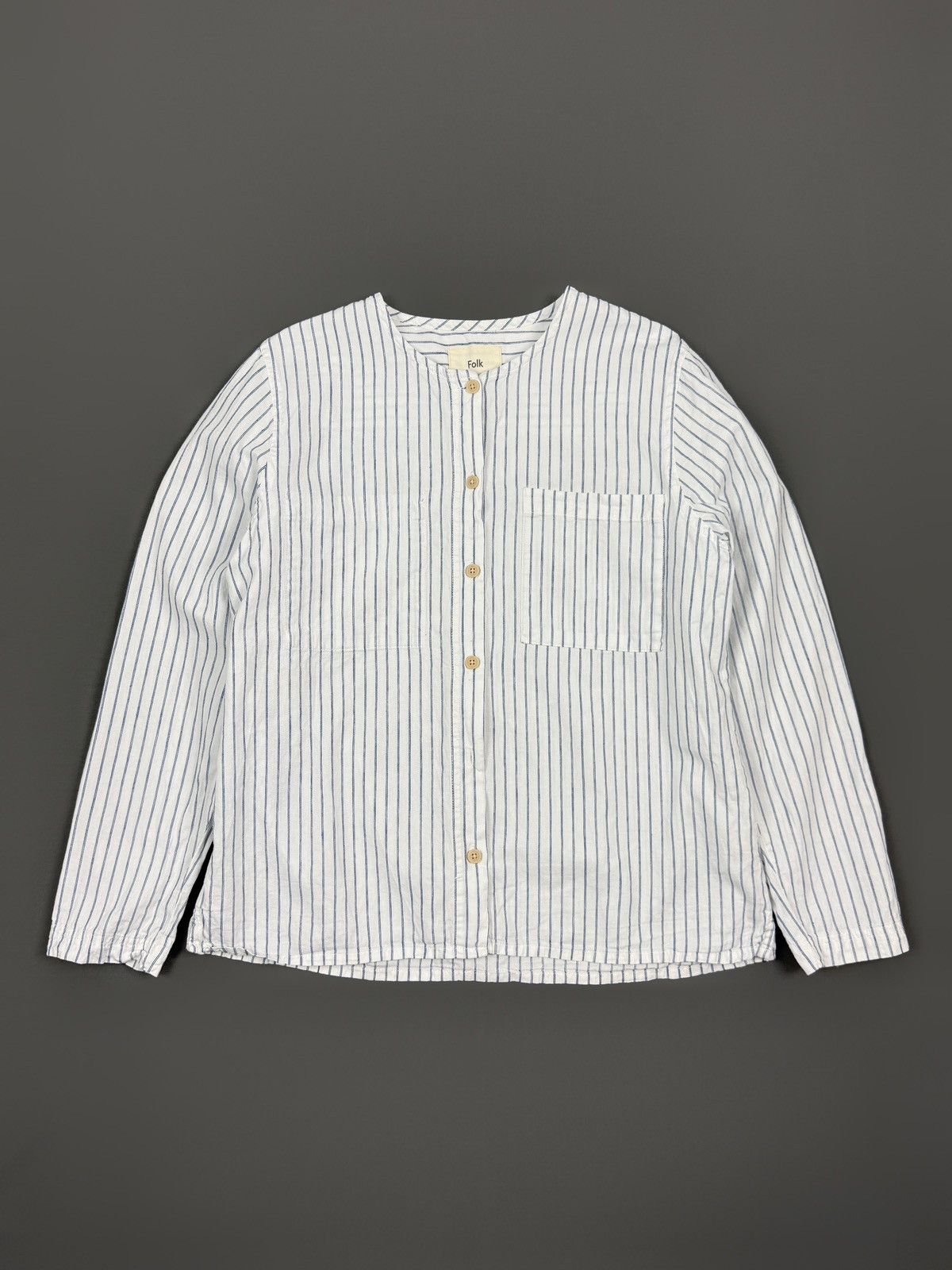 Folk Folk Hickory Stripe Colarless Button Up Shirt Blouse 3 Size M / US 6-8 / IT 42-44 - 1 Thumbnail