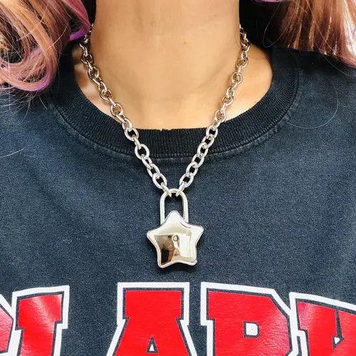 Handmade Star Padlock Pendant with a key Necklace Choker Size ONE SIZE - 3 Thumbnail