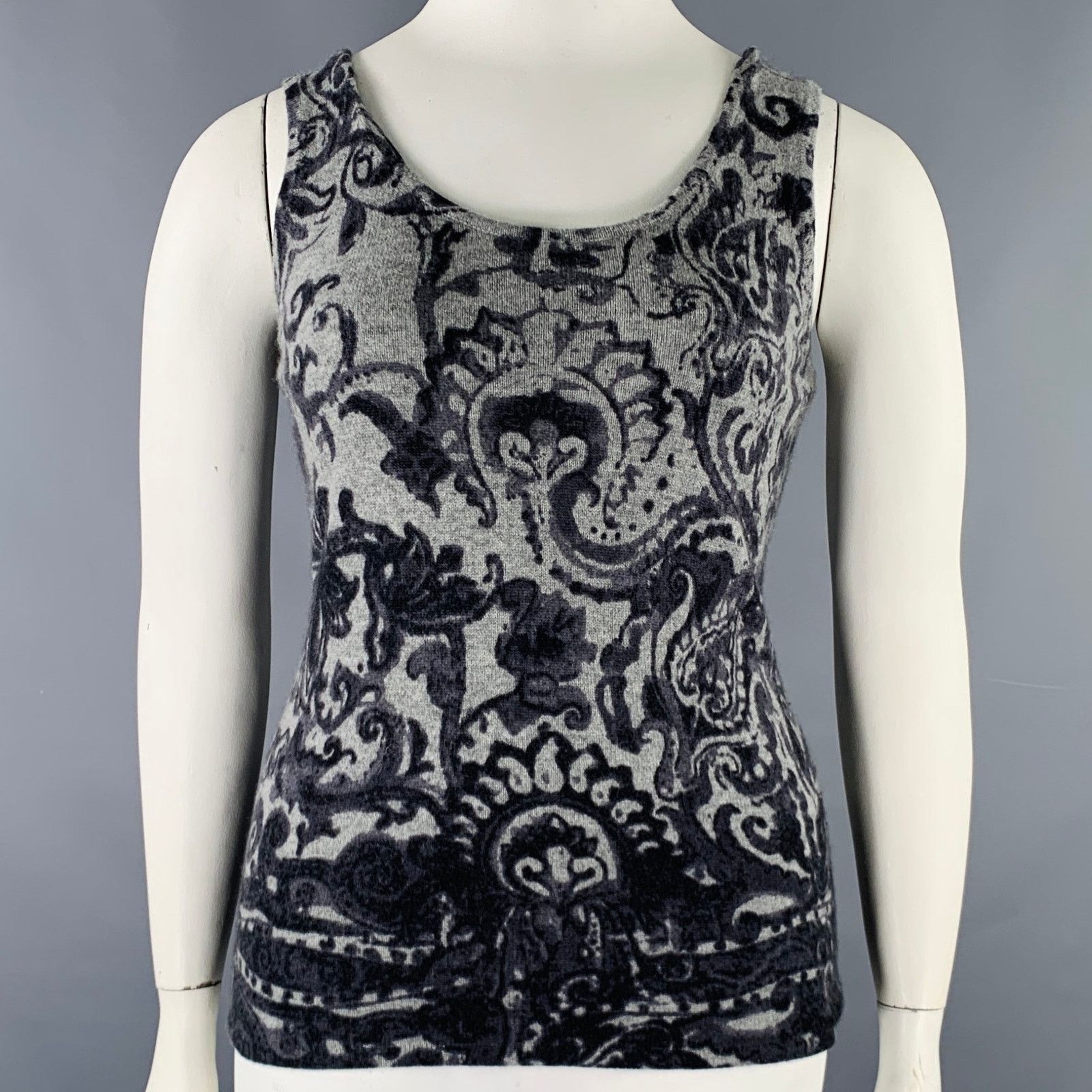Neiman Marcus NEIMAN MARCU Grey Charcoal Cashmere Paisley Tank Casual Top Size L / US 10 / IT 46 - 1 Thumbnail