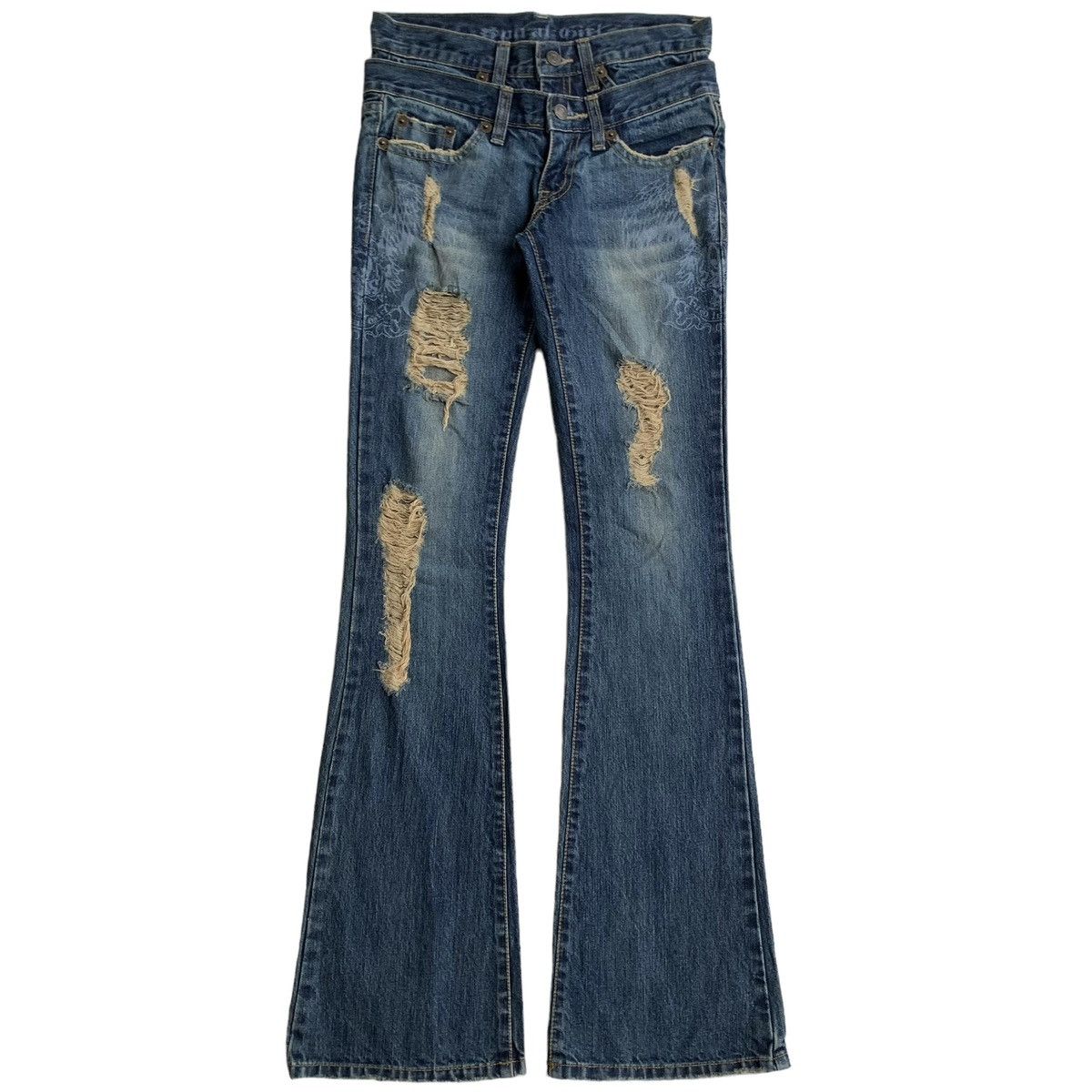 Japanese Brand × Vintage 2000s Spiral Girl Mud Wash Double Waist Flared Jeans Size 28" / US 6 / IT 42 - 2 Thumbnail