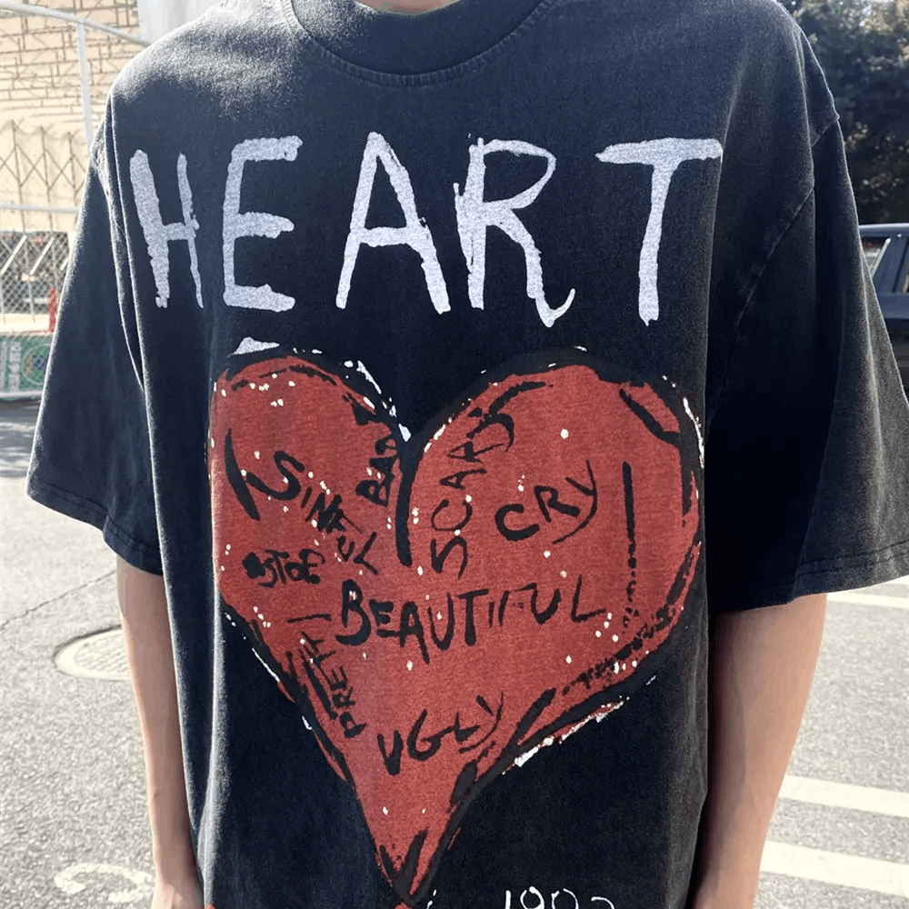 Vintage Street Retro Heart Print Loose Short Sleeve T-Shirt Size US M / EU 48-50 / 2 - 3 Thumbnail