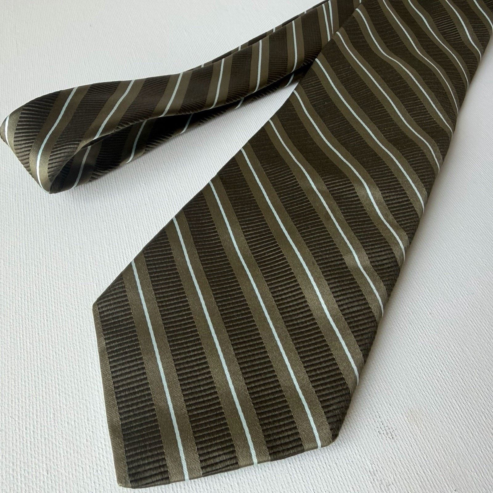 Ike Behar Ike Behar Striped Silk/Cotton Tie – Olive/Brown Size ONE SIZE - 8 Thumbnail