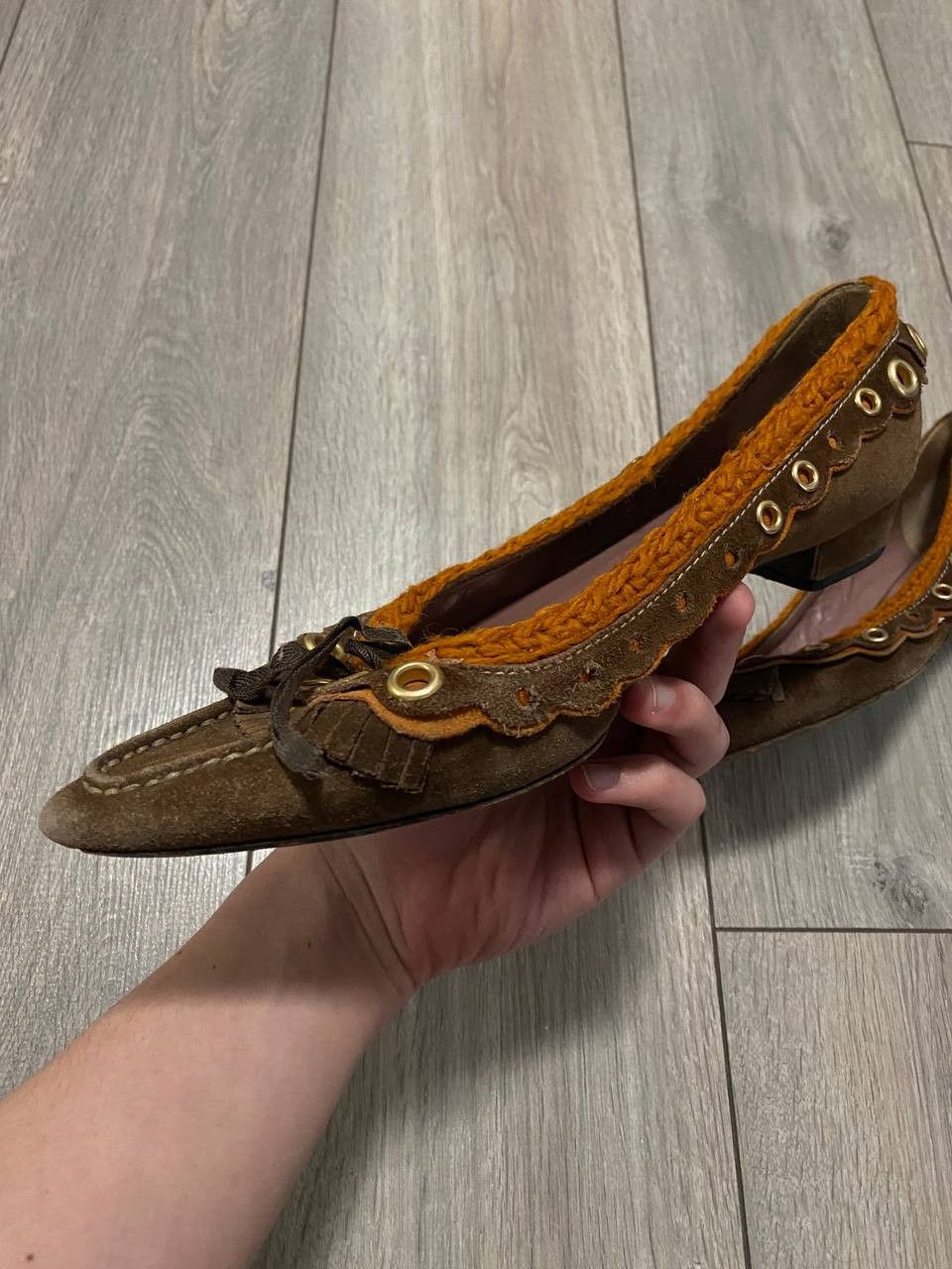 Miu Miu Vintage Miu Miu Suede Loafers Brown Orange Knit Flat Size US 9 / IT 39 - 2 Thumbnail