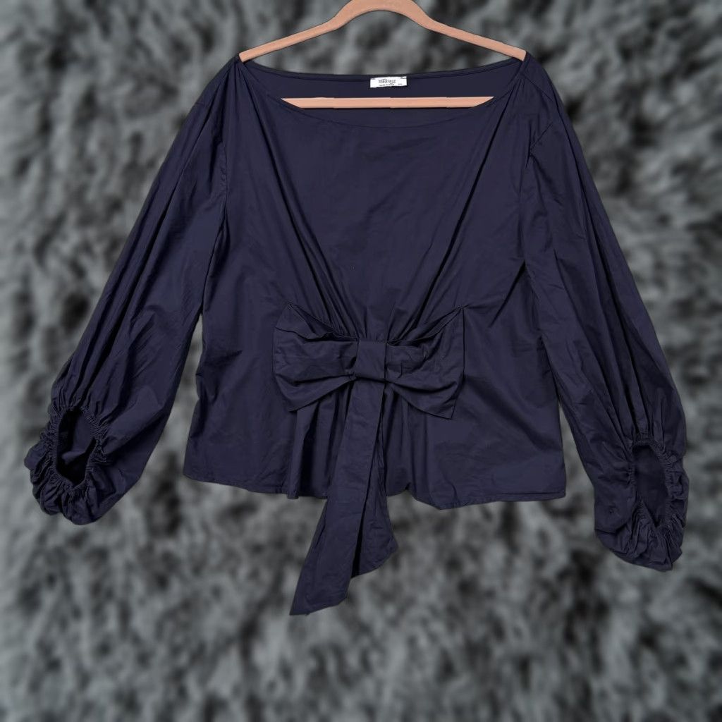 Vintage Meaneor Blouse Blue Boat Neck Bow Front Balloon Sleeve 2XL Womens Casual Party/ Cocktail Bohemian Gothic Size XXL / US 16-18 / IT 52-54 - 1 Thumbnail