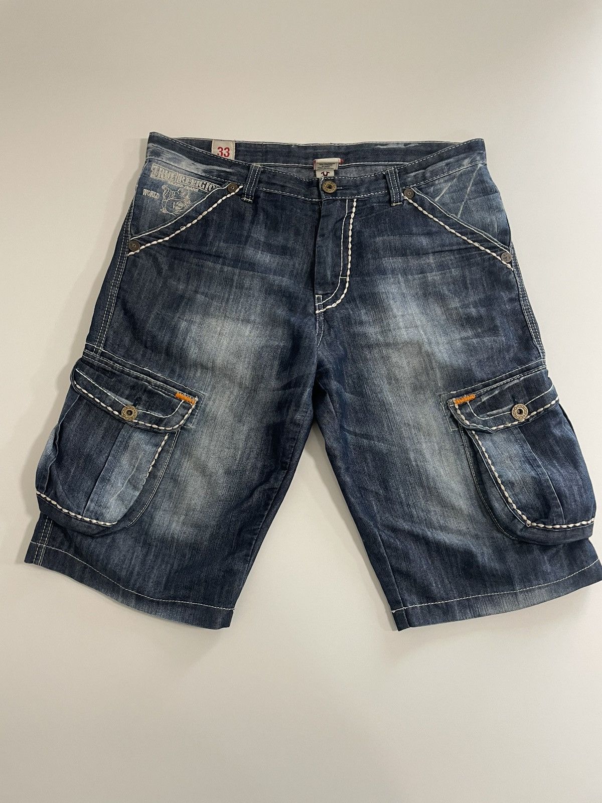 Japanese Brand Vintage True Religion Cargo Shorts Denim Jeans Blue Size US 33 - 1 Thumbnail