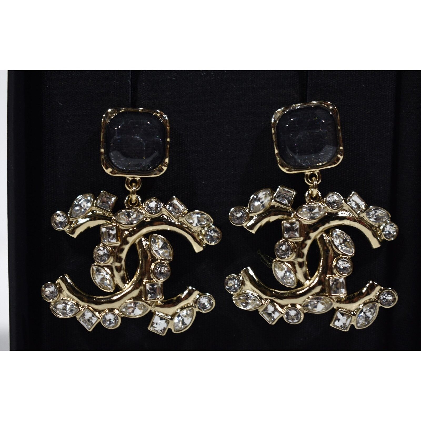 Chanel Chanel Gold Crystal Black XL Statement Stud Drop Earrings Size ONE SIZE - 6 Thumbnail