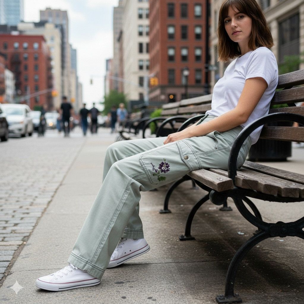 DKNY DKNY Size 8 Chino Cargo Pants Grey Cotton Embroidered Flower Size 30" / US 8 / IT 44 - 9 Thumbnail