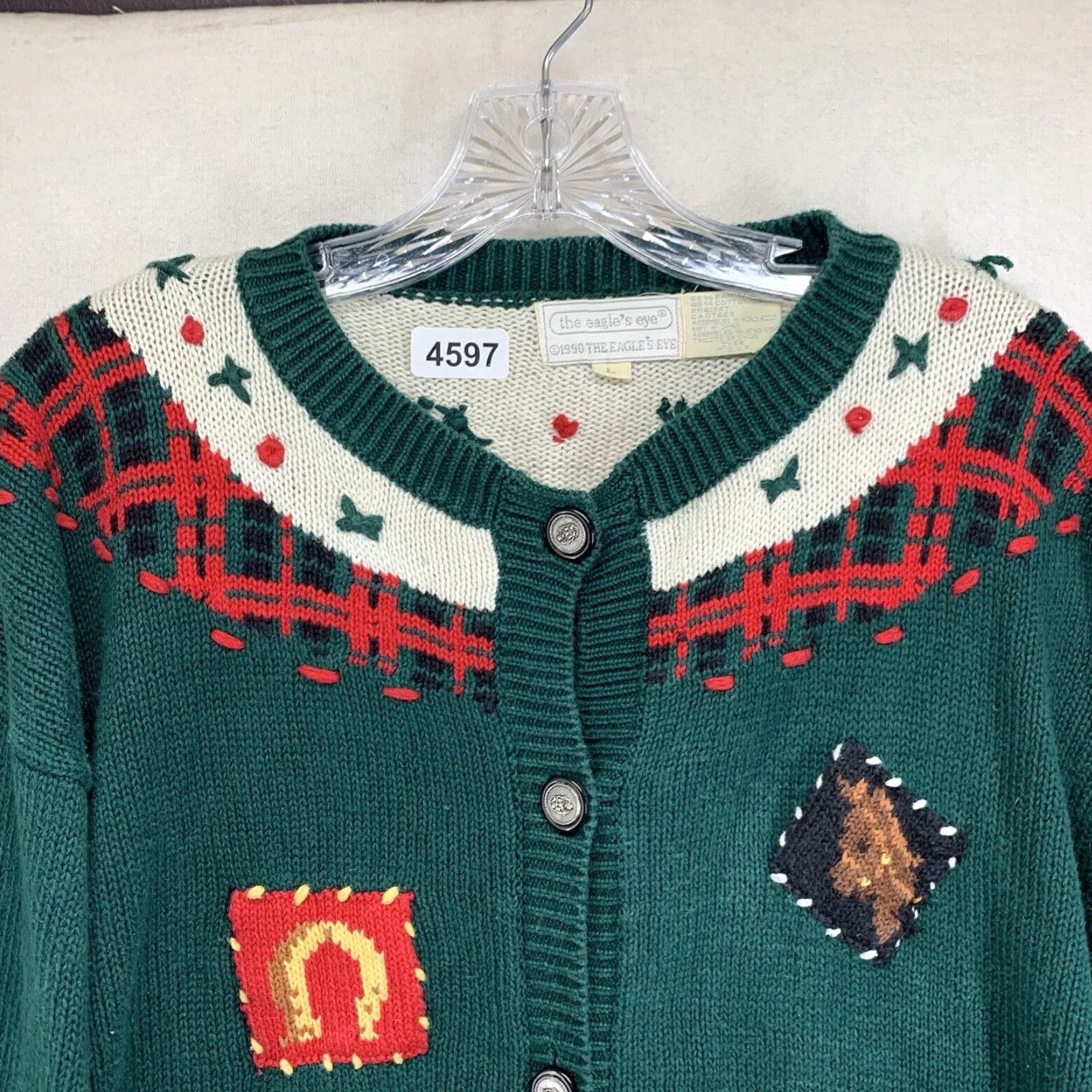 Gloverall VINTAGE The Eagle’s Eye Women’s Sweater 90s Knit Pullover Long Sleeve Mock Neck Geometric Horse Embroidered Grunge Winter L Size L / US 10 / IT 46 - 2 Thumbnail