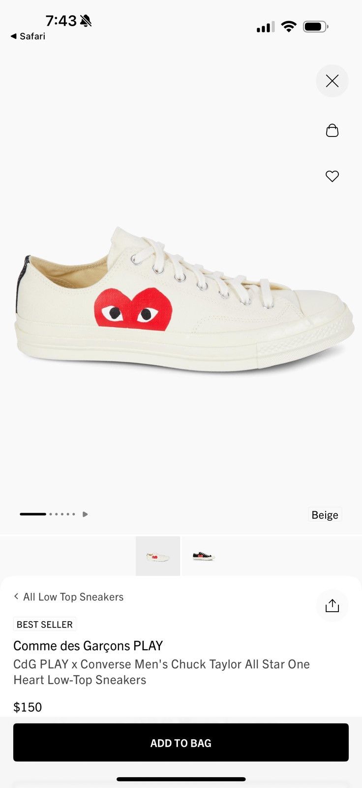 Comme des Garcons PLAY × Converse Chuck Taylor All Star One Heart Low Tops Size US 6 / EU 39 - 3 Thumbnail