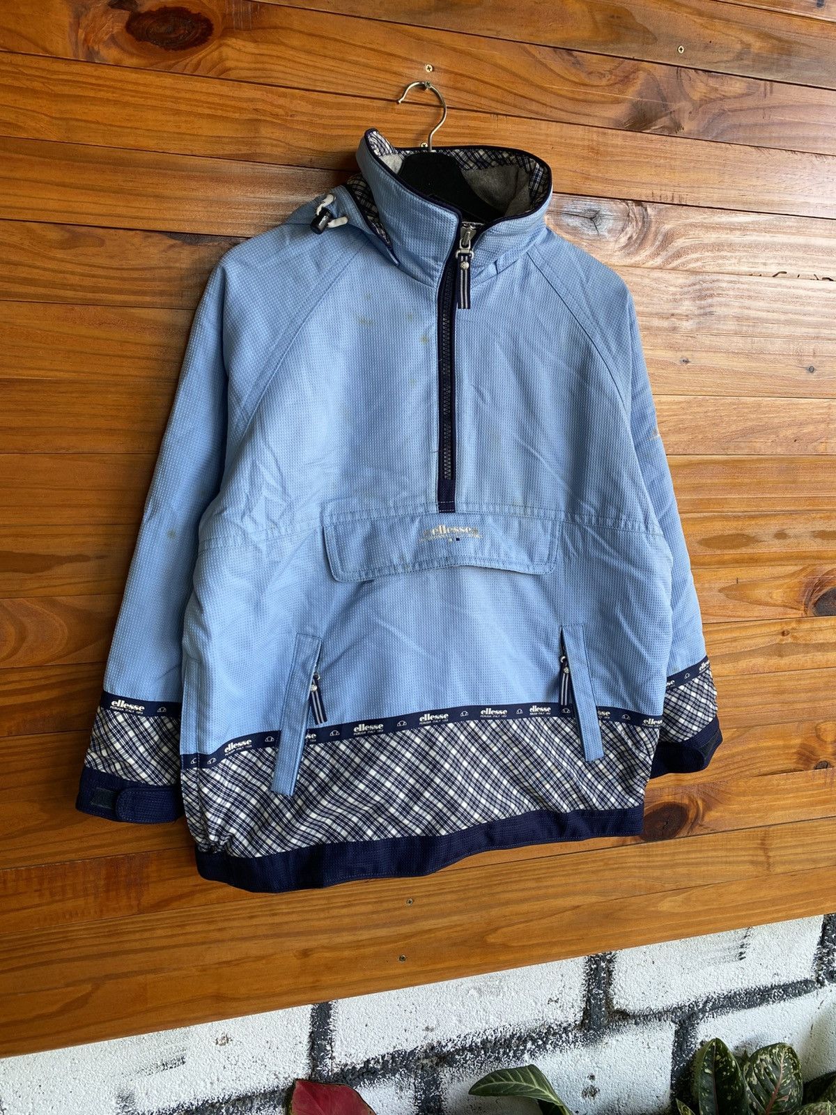 Ellesse × Goldwin Vintage Ellesse Half Zip Hooded Jacket Light Blue Plaid Size US M / EU 48-50 / 2 - 5 Thumbnail