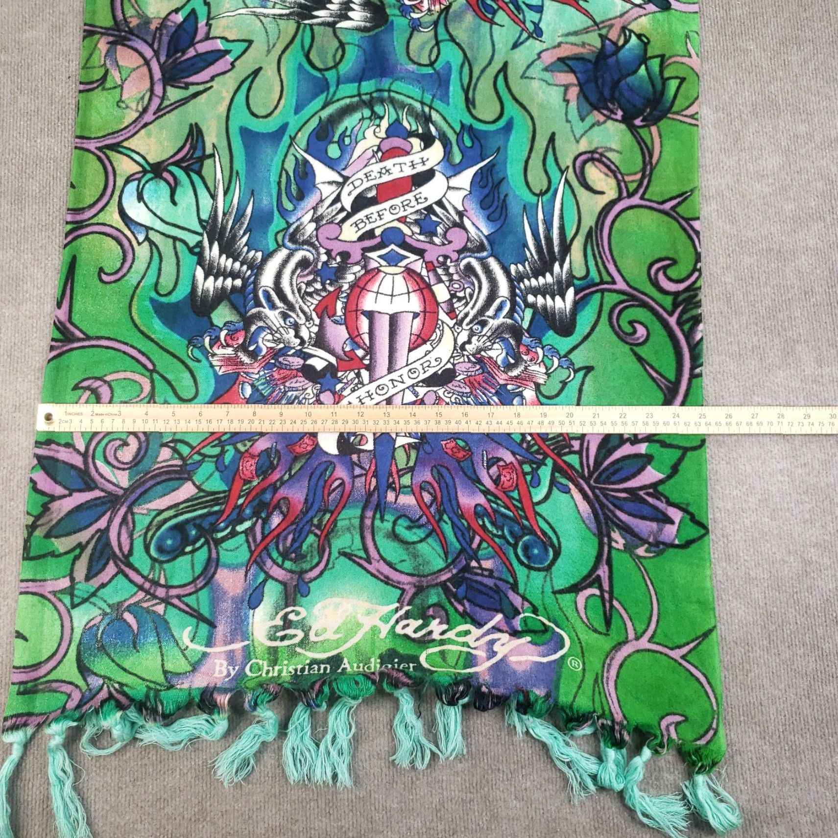 Ed Hardy VINTAGE Ed Hardy by Christian Audigier Scarf Women Rectangle 25x66 Green Geometric Y2K Size ONE SIZE - 7 Thumbnail