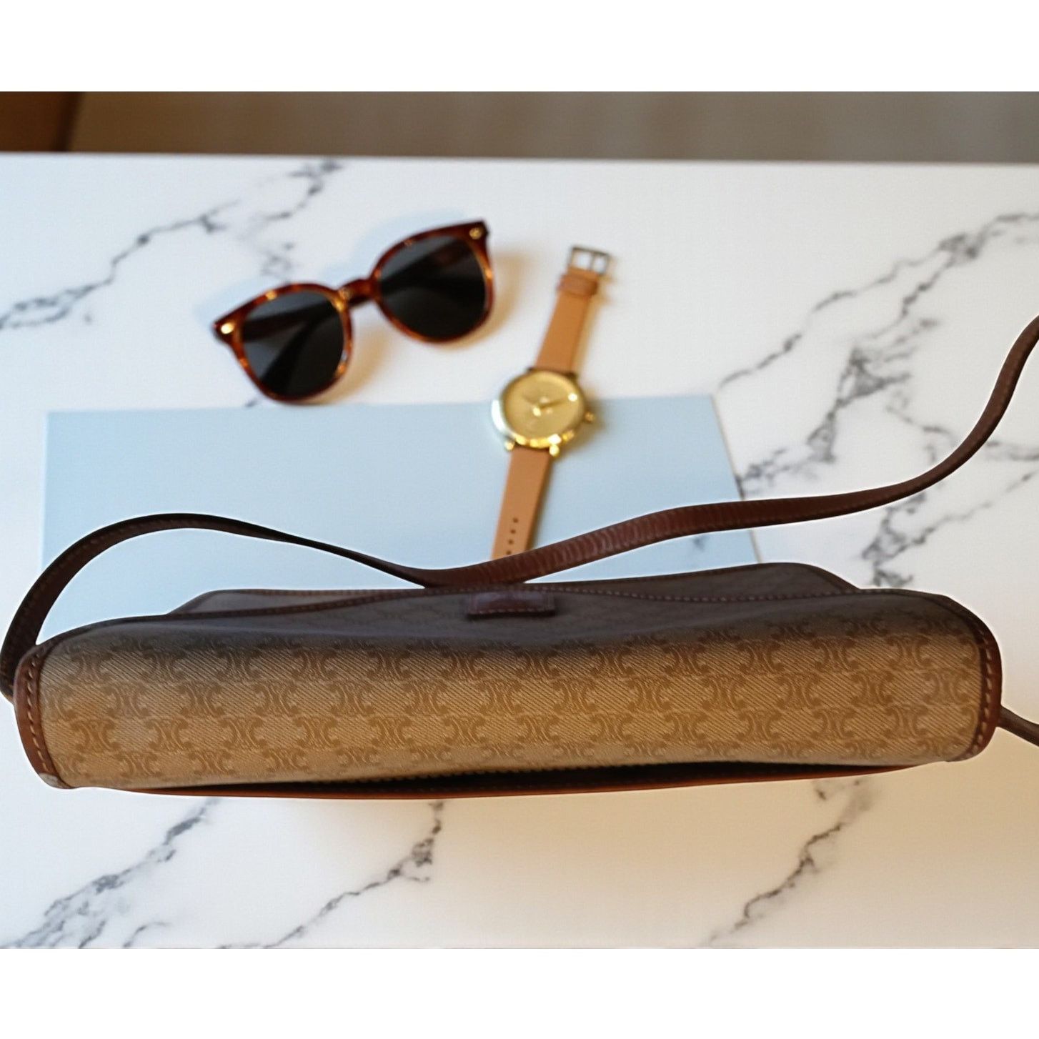 Celine Authentic Celine Triomphe Logo Macadam Beige Crossbody Bag Size ONE SIZE - 5 Thumbnail