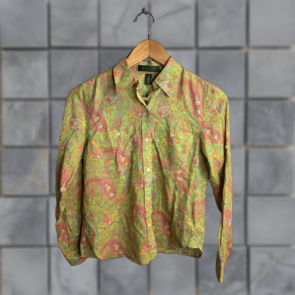 Ralph Lauren Lauren Ralph Lauren Shirt Womens Petite XS Green Paisley Button Long Sleeve Size XS / US 0-2 / IT 36-38 - 1 Thumbnail