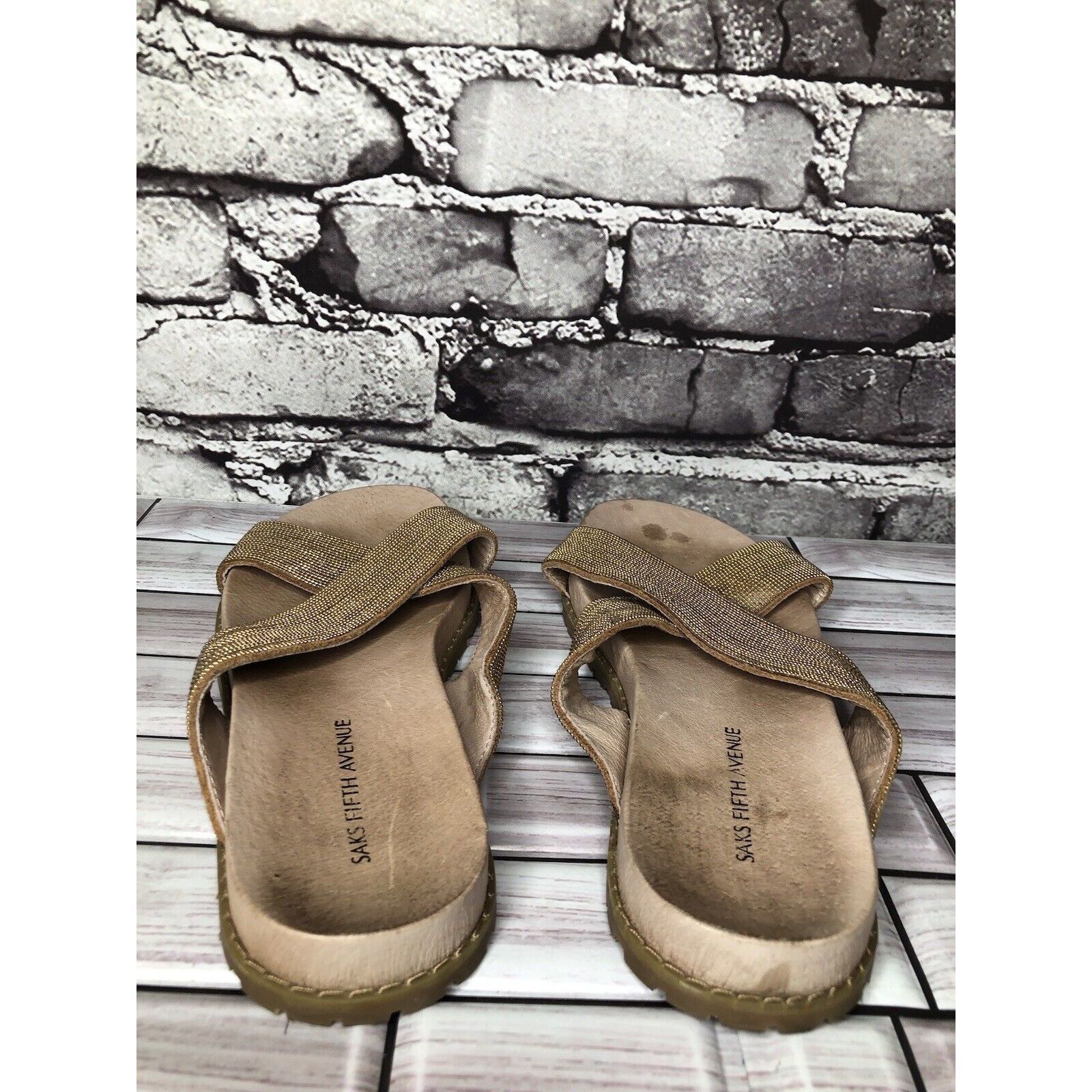 Saks Fifth Avenue Saks Fifth Avenue Tan Gold Beaded Slide Leather Casual Sanda Size US 6 / IT 36 - 3 Thumbnail