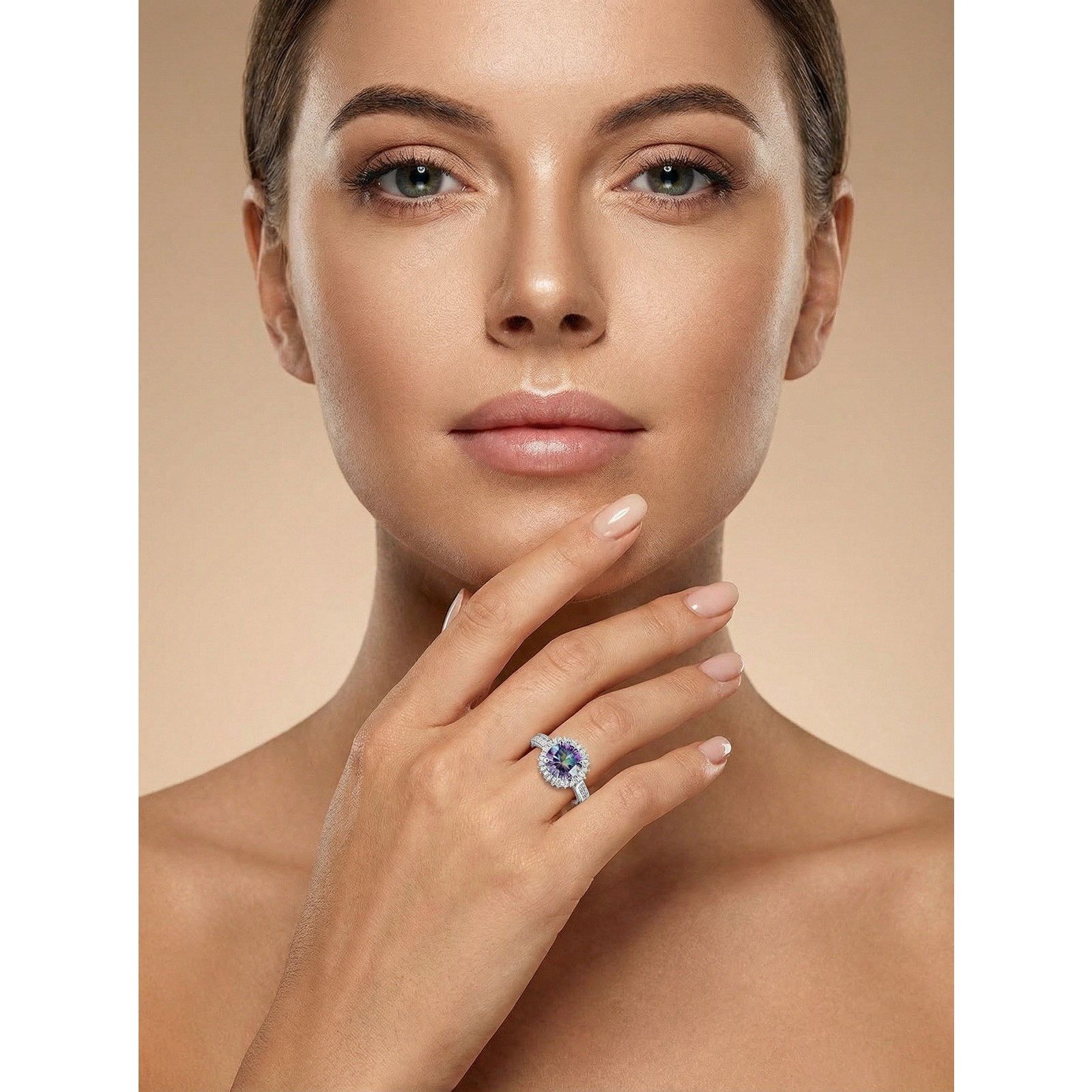 & Other Stories Exquisite 2ct Mystic Moissanite Halo VVS1 Adjustable Ring Size ONE SIZE - 3 Thumbnail