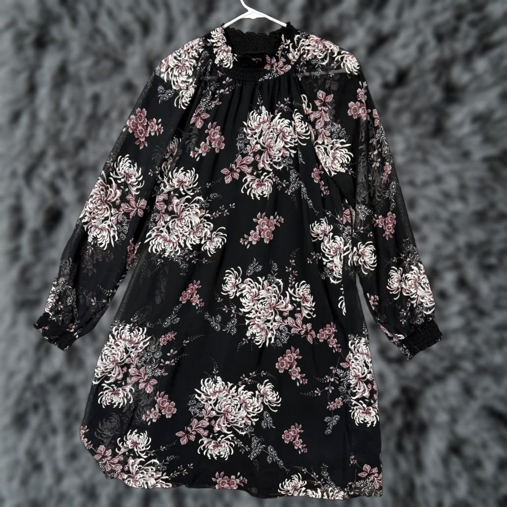 Vintage Nina Leonard Dress 1X Plus Smocked Dark Floral Romantic Chiffon Bohemian Gothic Whimsigoth Size XL / US 12-14 / IT 48-50 - 1 Thumbnail