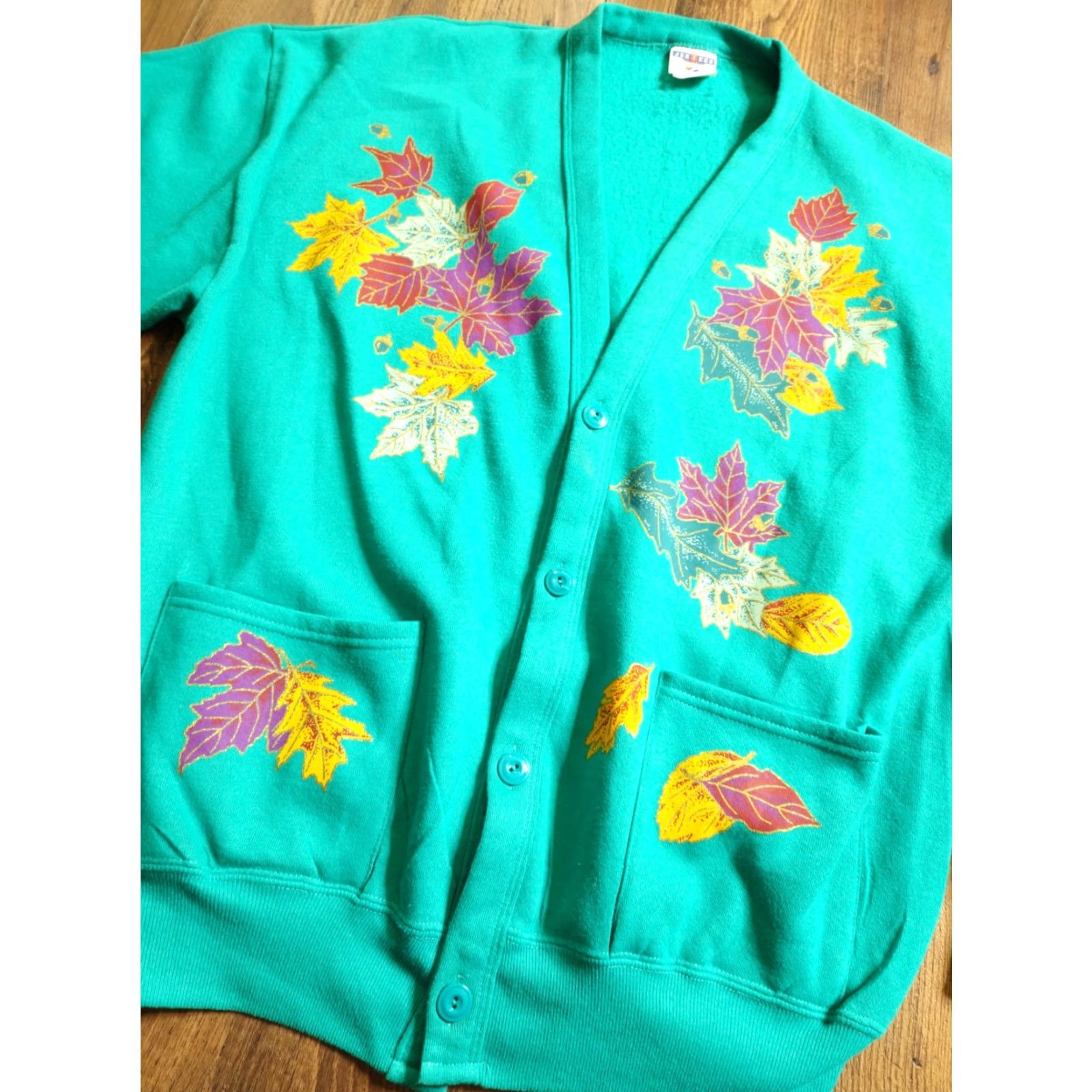 Jerzees VINTAGE Jerzees Cardigan Sweatshirt OSFM Green 80s Button V-Neck Long Sleeve Pockets Womens Knit Thermal Cardigan Everyone Size ONE SIZE - 4 Thumbnail