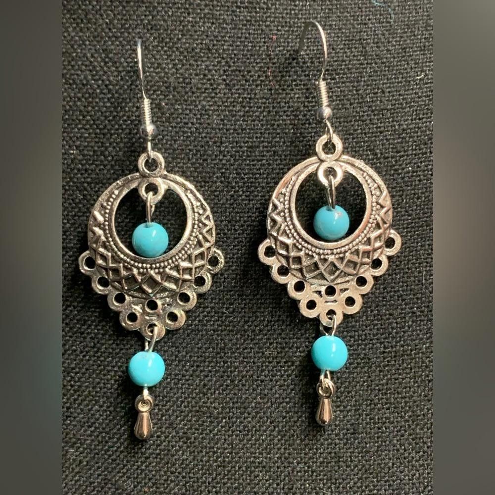 Designer Bohemian Silver Turquoise Earrings Size ONE SIZE - 1 Thumbnail