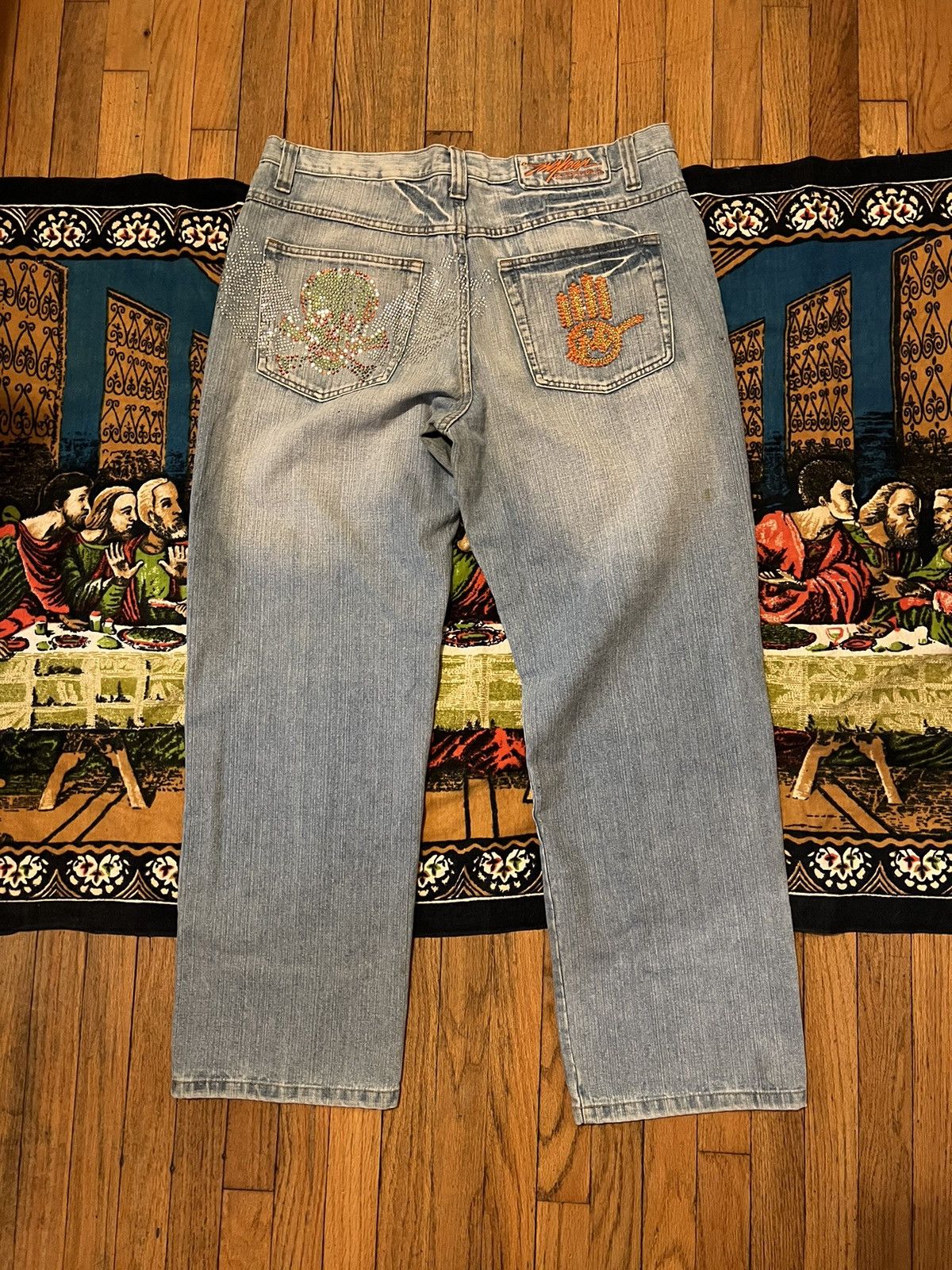 image of Vintage Miskeen Originals Ed Hardy Jnco Y2K Rhinestone Jeans in Blue, Men's (Size 38)