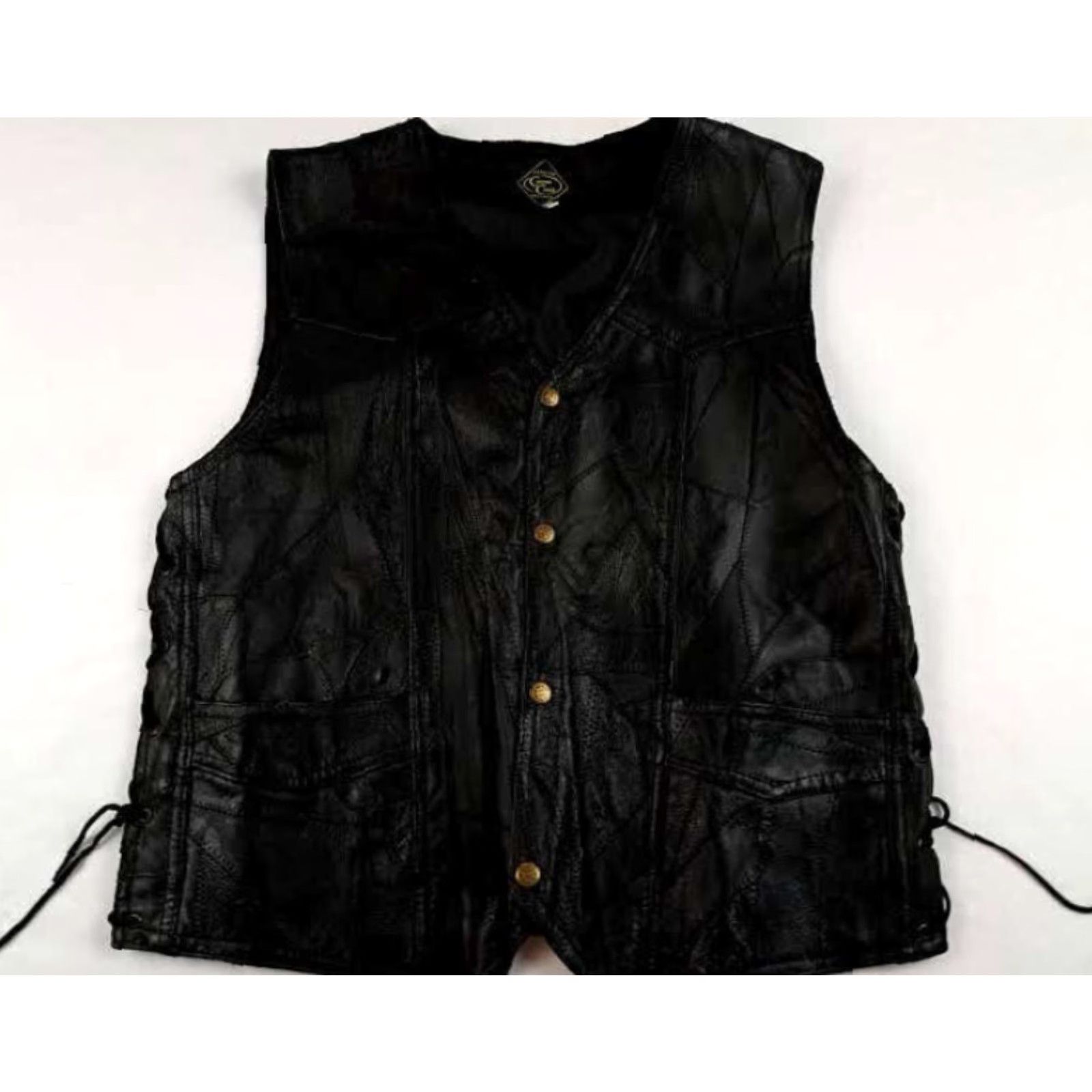 Vintage VINTAGE Canyon Creek Black Leather Vest - Side Laces, Full Brass Snap Button, 26in Long, Men's Medium, Motorcycle Biker Style, Pockets, Fall Size US M / EU 48-50 / 2 - 2 Thumbnail