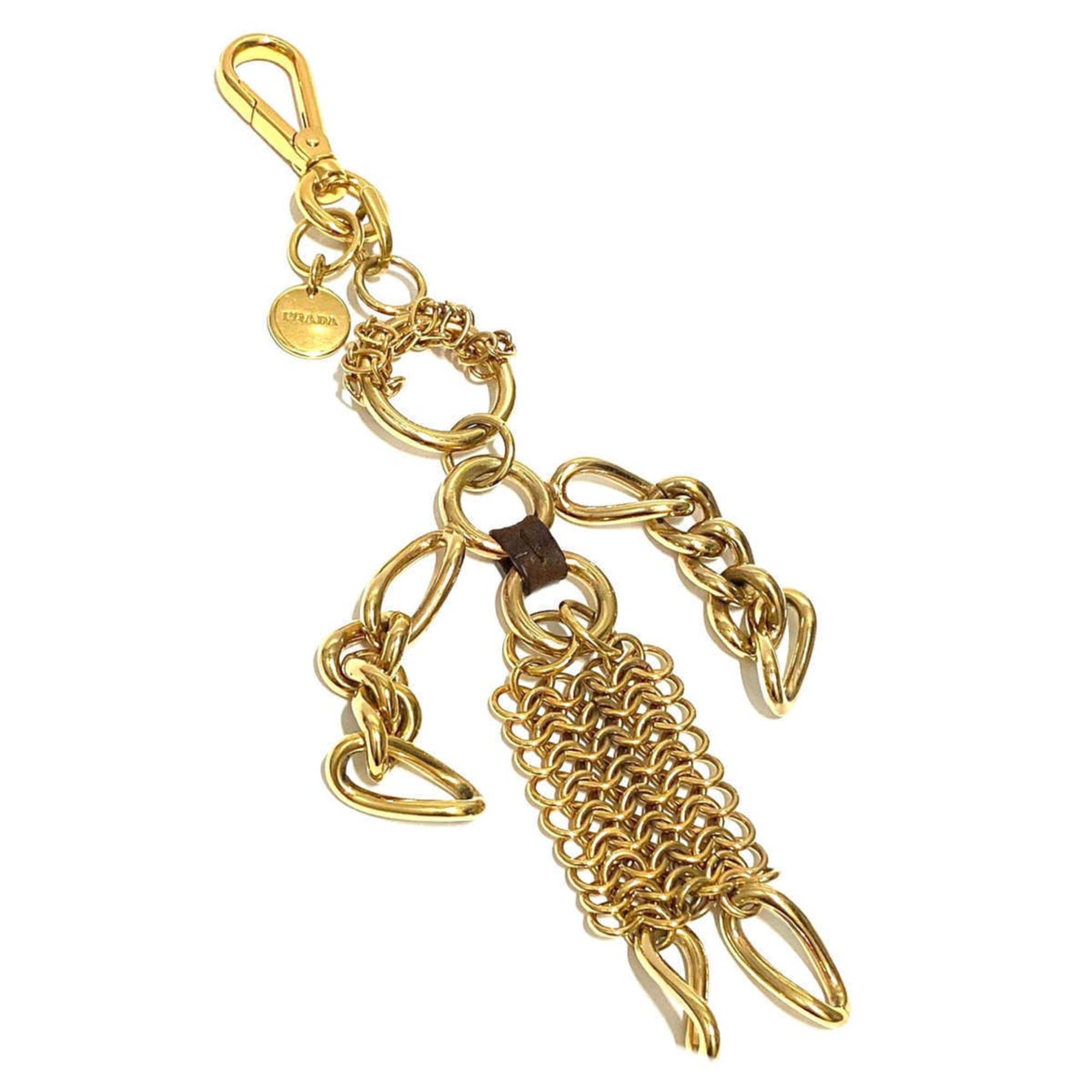 image of Prada Vintage Logo Engraved Gold Human Chain Charm Keychain Key Ring, Women's