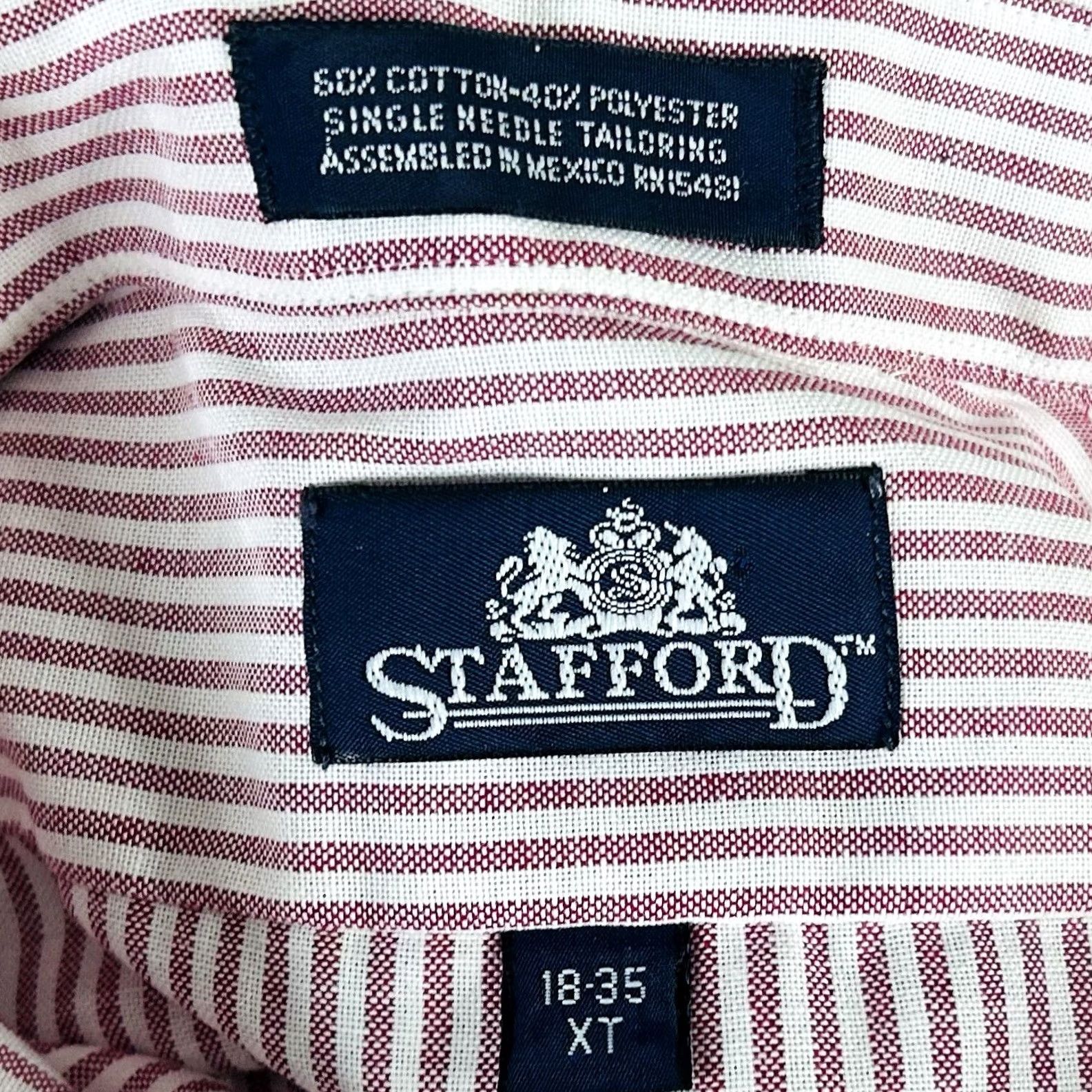 Stafford Stafford Dress Shirt Red White Striped Cotton Blend 18 35 Extra Tall Oxford Button-Down Collar Men Shirt Size 18 Mens Size 48R - 3 Thumbnail
