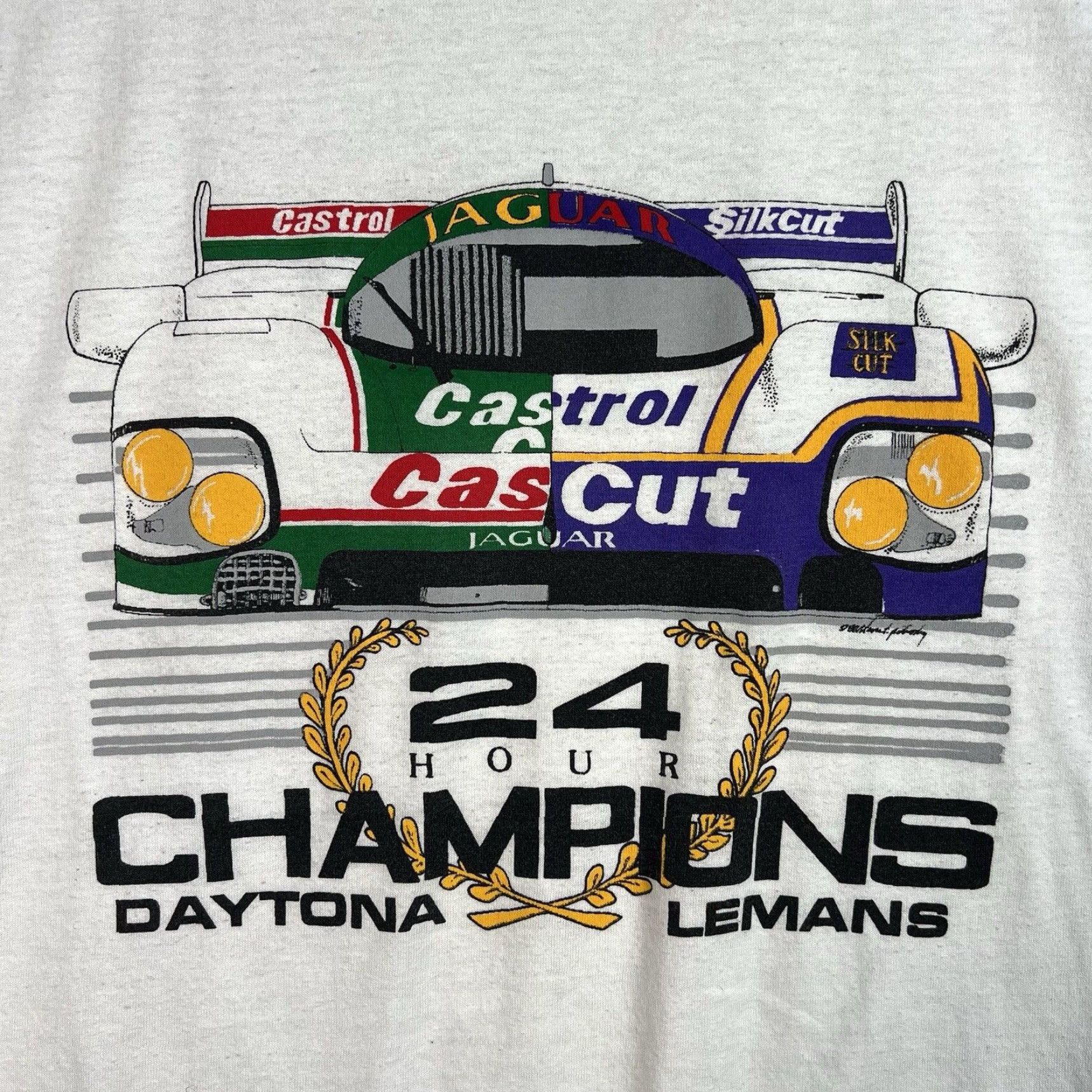 Jerzees VINTAGE 90s JERZEES 24 Hours Daytona LeMans Jaguar XJR-12 Racing Car Shirt Adult Large White Graphic Tee Mens Size US L / EU 52-54 / 3 - 4 Thumbnail