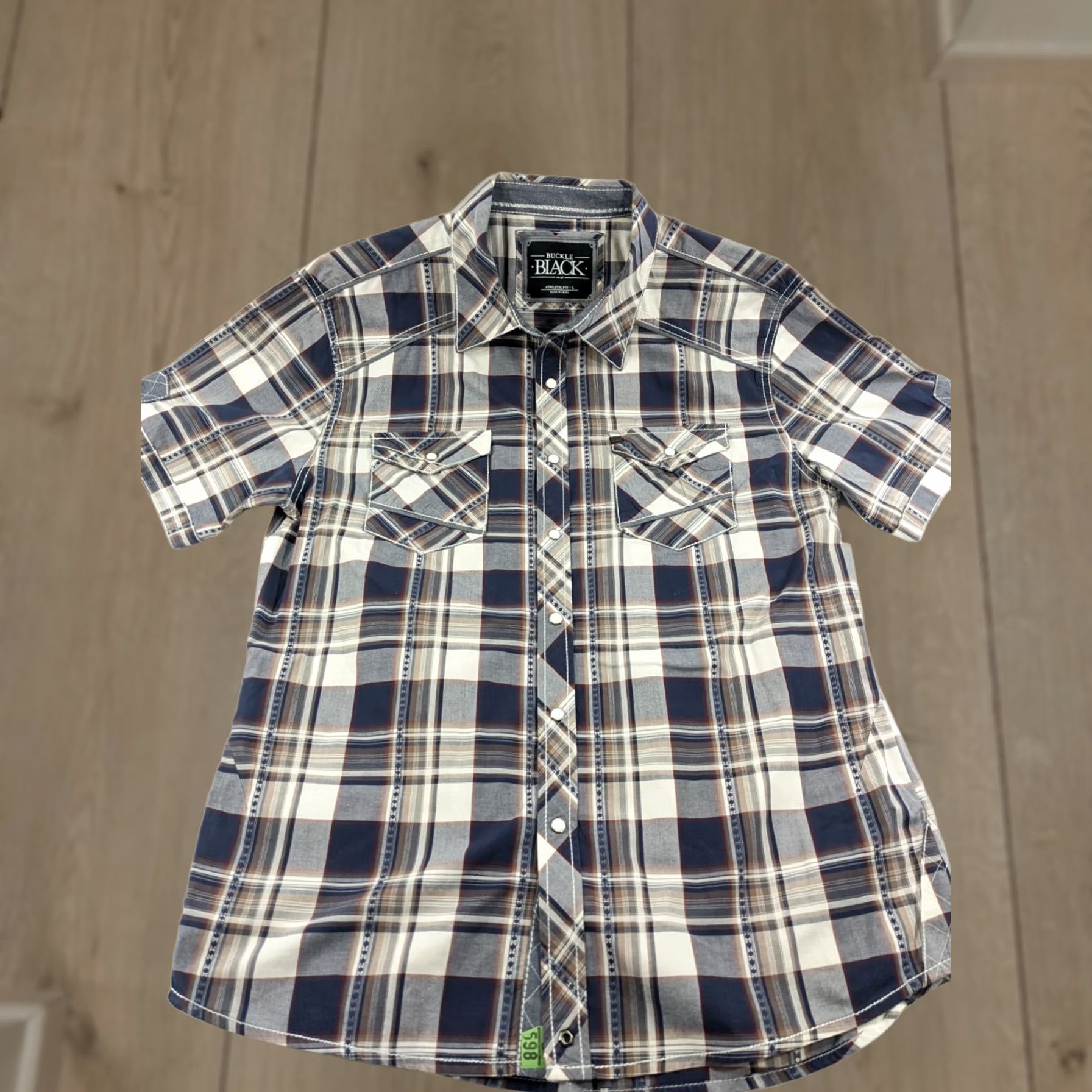 BKE VINTAGE BKE Mens Size L Navy Grey White Plaid Athletic Fit Western Snap Button Shirt SS Shi Mens Size US L / EU 52-54 / 3 - 1 Thumbnail