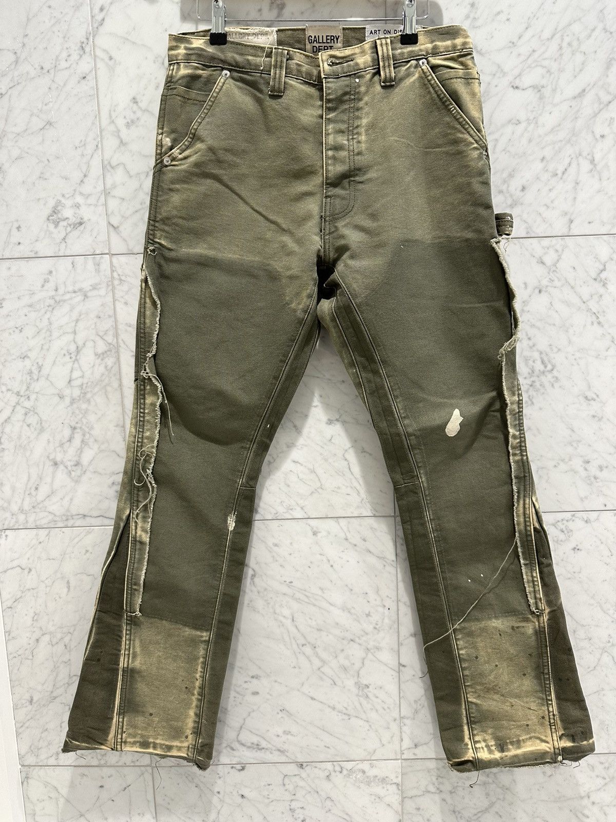 image of Gallery Dept. Distressed Carpenter Flared-Leg Trousers in Moss Green, Men's (Size 30)