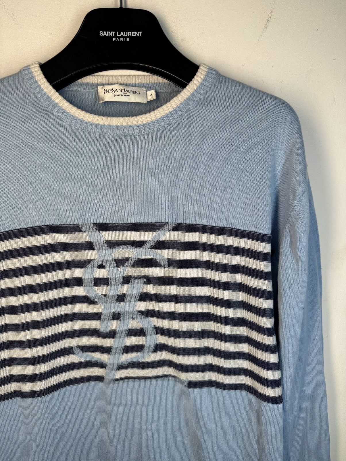 Yves Saint Laurent Blue YSL Sweater Knit Light Big Logo Size US M / EU 48-50 / 2 - 1 Thumbnail