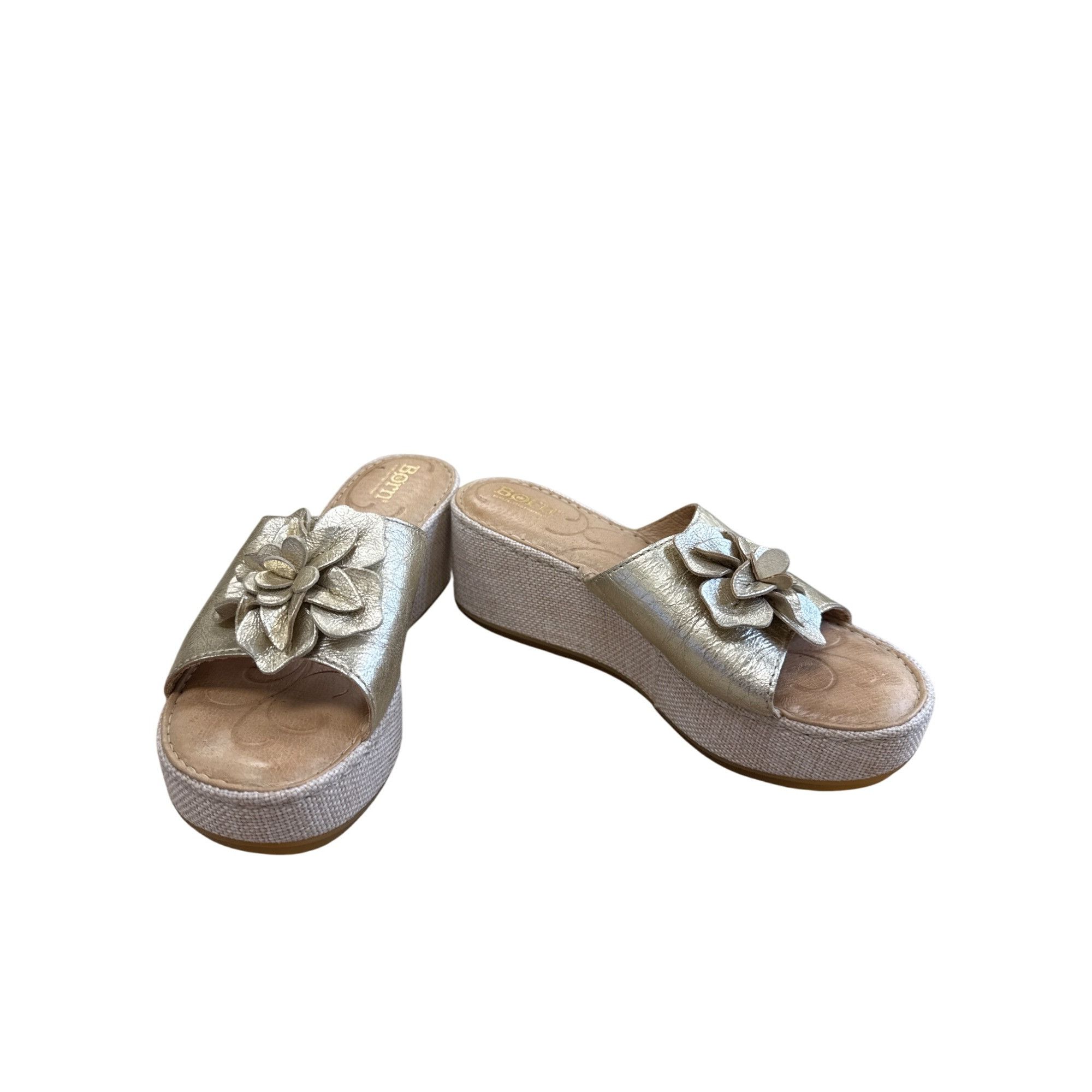 Born Born Womens Metallic Gold Floral Leather Wedge Sandals Size Size US 6 / IT 36 - 1 Thumbnail