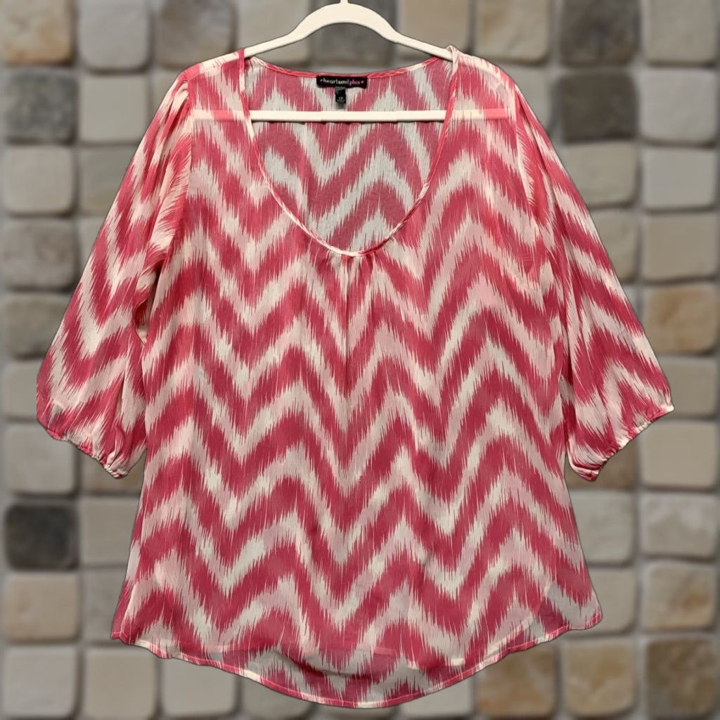 Vintage Heart Soul Pink White Semi-Sheer Shirt 1X Chevron Scoop Neck 3/4 Sleeves Raglan Sleeve Women Blouse Tunic Vintage No N/A Size XL / US 12-14 / IT 48-50 - 1 Thumbnail