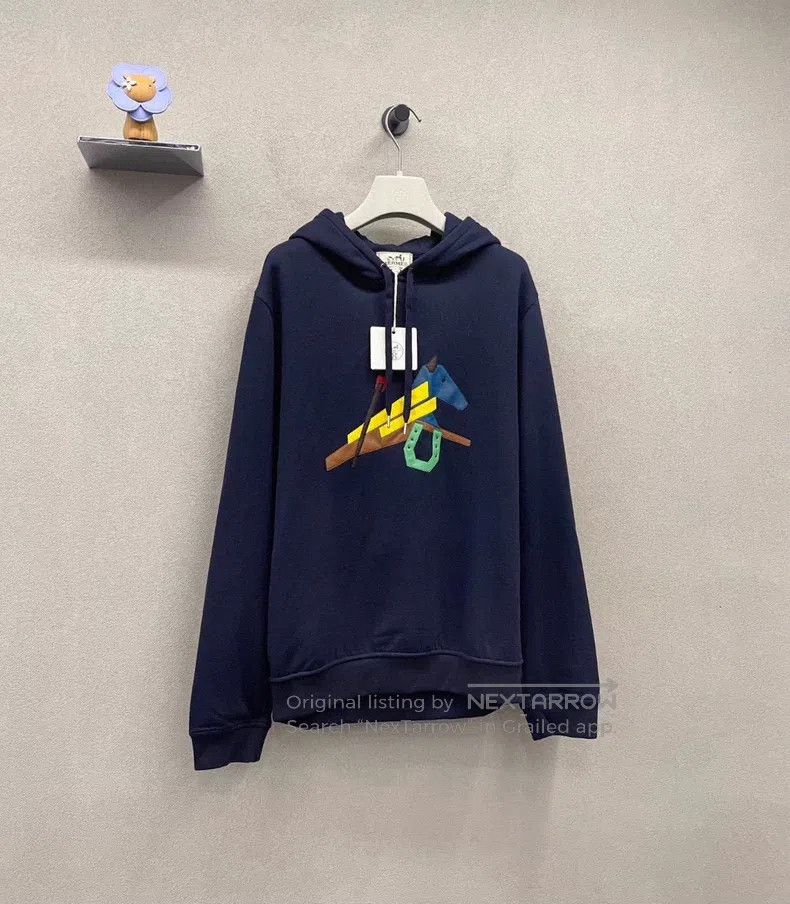 Hermes Hermes Navy Blue Logo Printed Hooded Sweatshirt with Leath Size L / US 10 / IT 46 - 3 Thumbnail