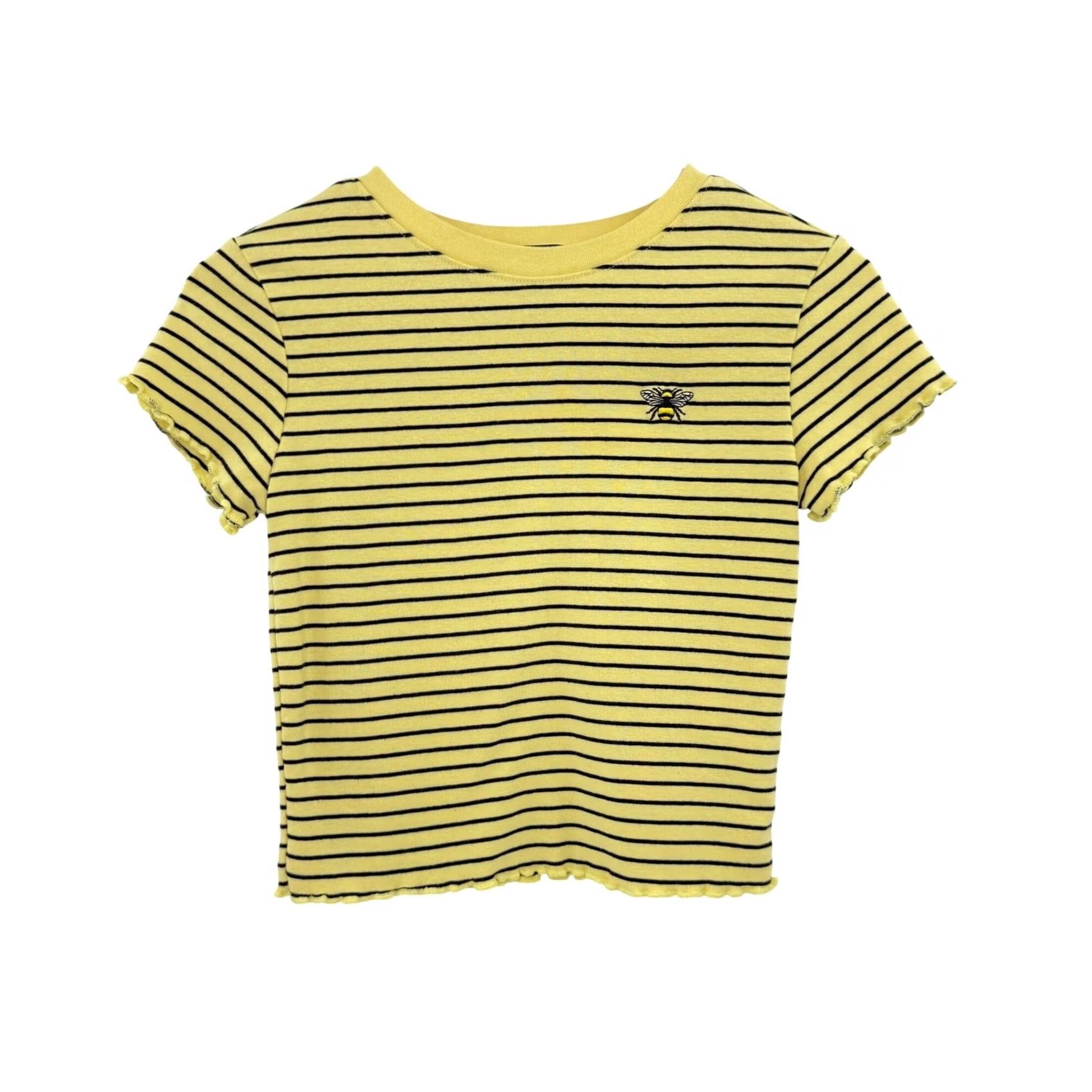Forever 21 FOREVER 21 Yellow Striped Bee Embroidered Lettuce Edge Crop Top S Women Size S / US 4 / IT 40 - 2 Thumbnail